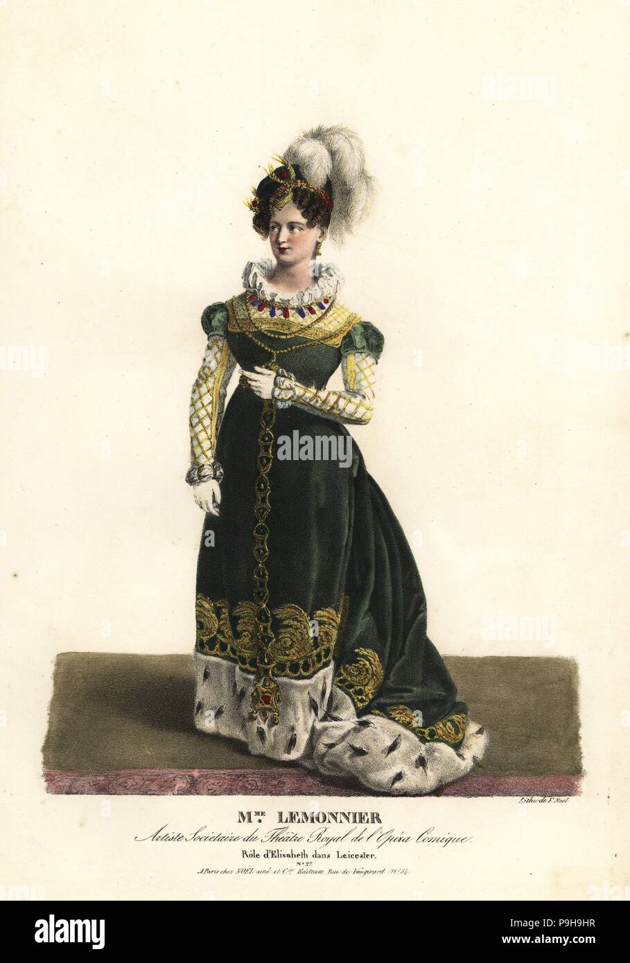 Soprano opera singer Madame Louise Therese Lemonnier as Elisabeth in Leicester by Daniel Auber, Theatre Royal de l'Opera Comique, 1823. Handcoloured lithograph by F. Noel after an illustration by Alexandre-Marie Colin from Portraits d'Acteurs et d'Actrices dans different roles, F. Noel, Paris, 1825. Stock Photo