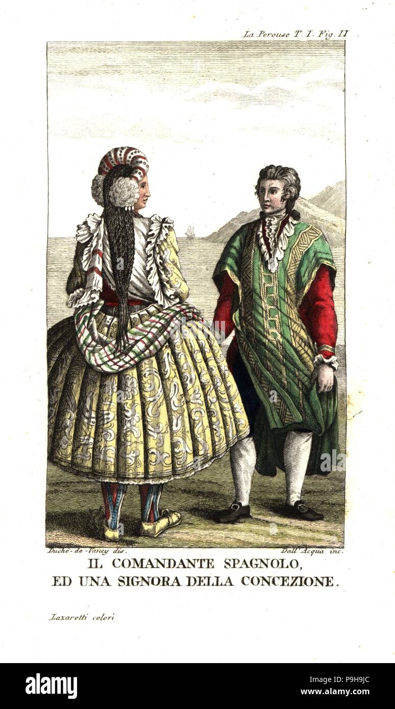 Spanish commandant and a woman of Concepcion, Chile, in full skirts with petticoats, plaited hair and shawl. Illustration by Gaspard Duche de Vancy from Jean Francois Laperouse's Voyage. Copperplate engraving by Dell'Acqua handcoloured by Lazaretti from Giovanni Battista Sonzogno’s Collection of the Most Interesting Voyages (Raccolta de Viaggi Piu Interessanti), Milan, 1815-1817. Stock Photo