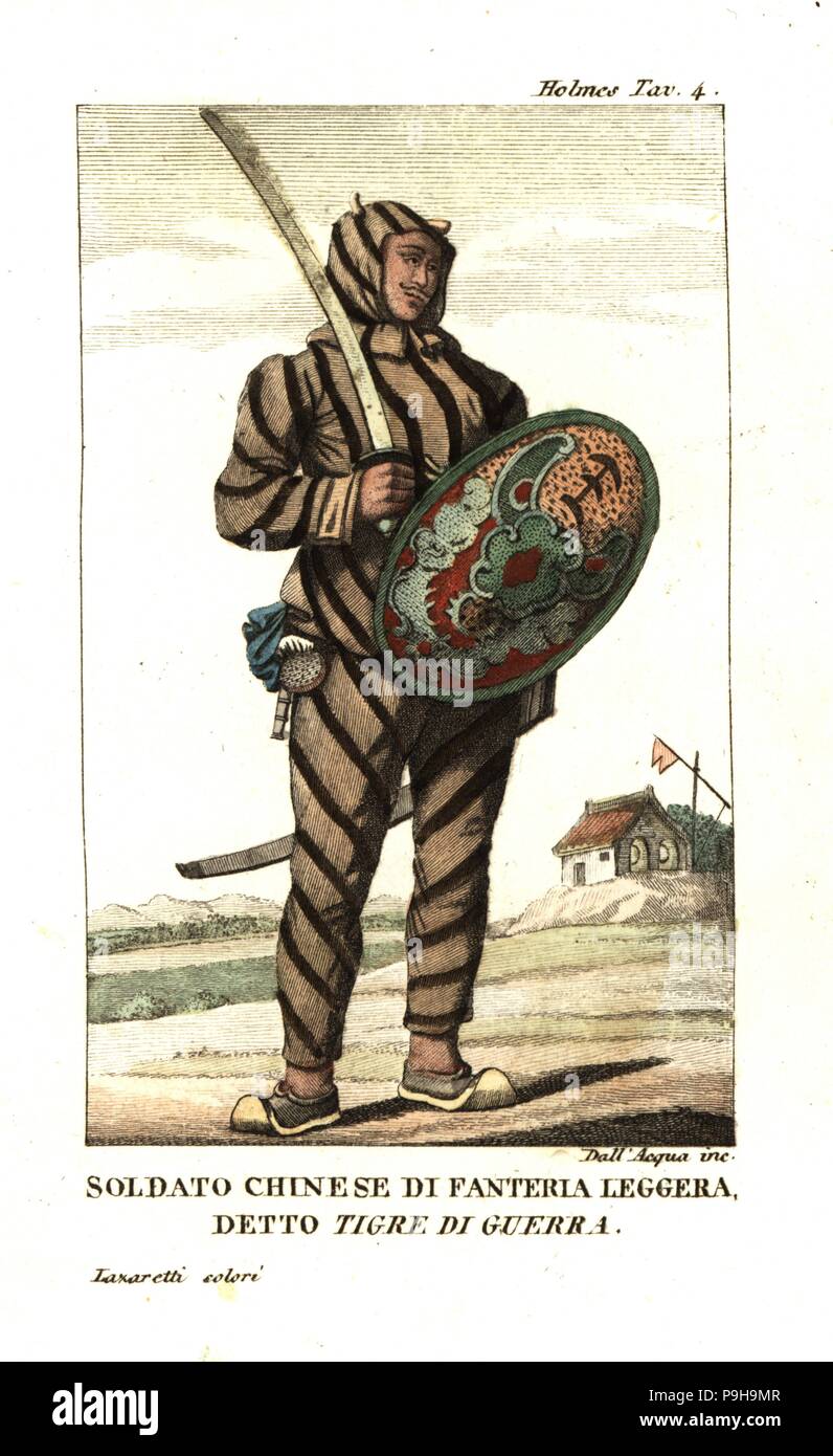 Chinese infantry soldier or 'tiger of war' in striped uniform with ears on his cap, holding scimitar and wicker shield. Illustration by William Alexander. From Samuel Holmes’ Journal of a Voyage to China and Tartary, 1798. Copperplate engraving by Dell'Acqua handcoloured Lazaretti from Giovanni Battista Sonzogno’s Collection of the Most Interesting Voyages (Raccolta de Viaggi Più Interessanti), Milan, 1815-1817. Stock Photo