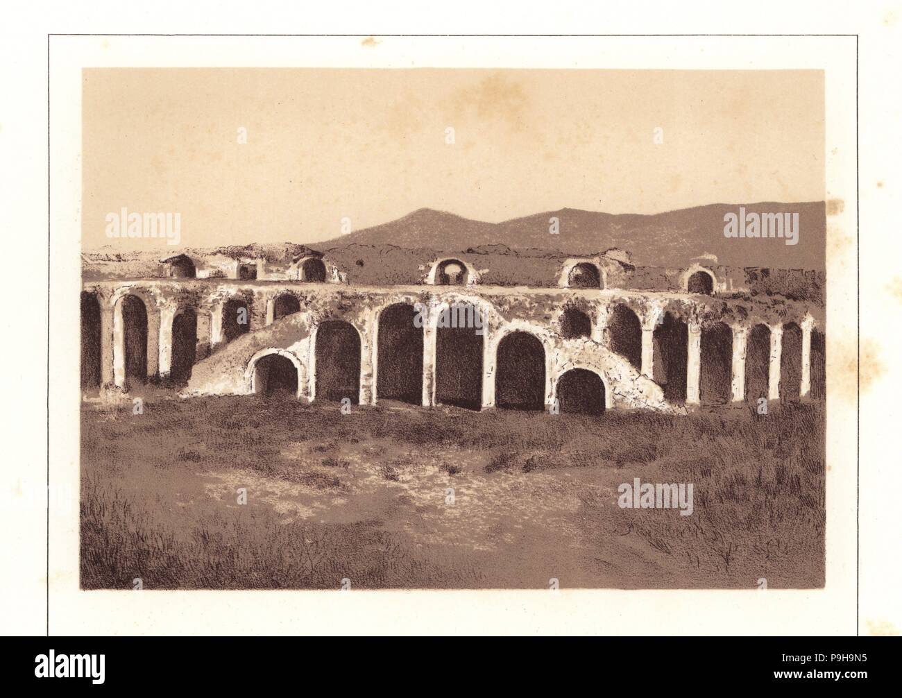 Exterior of the Ampitheatre, Pompeii. Chromolithograph after an illustration by S. De Stefani from Antonio Niccolini’s Pompeii: Views and Restorations (Pompeii: Essaies et Restaurations), published by Fausto Niccolini, Naples, 1898. Antonio was grandson of the architect Antonio Niccolini Sr. Stock Photo