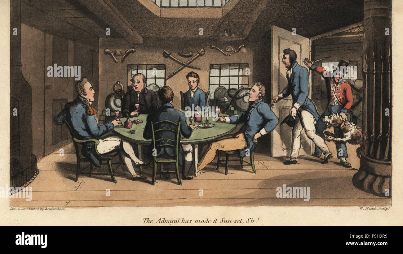 Johnny joins the captain in his cabin for drinks with the other officers. The admiral has made it sunset, sir! Handcoloured copperplate engraving by W. Read after an illustration by Thomas Rowlandson from Alfred Burton's The Adventures of Johnny Newcombe in the Navy, Simpkin, London, 1818. Stock Photo