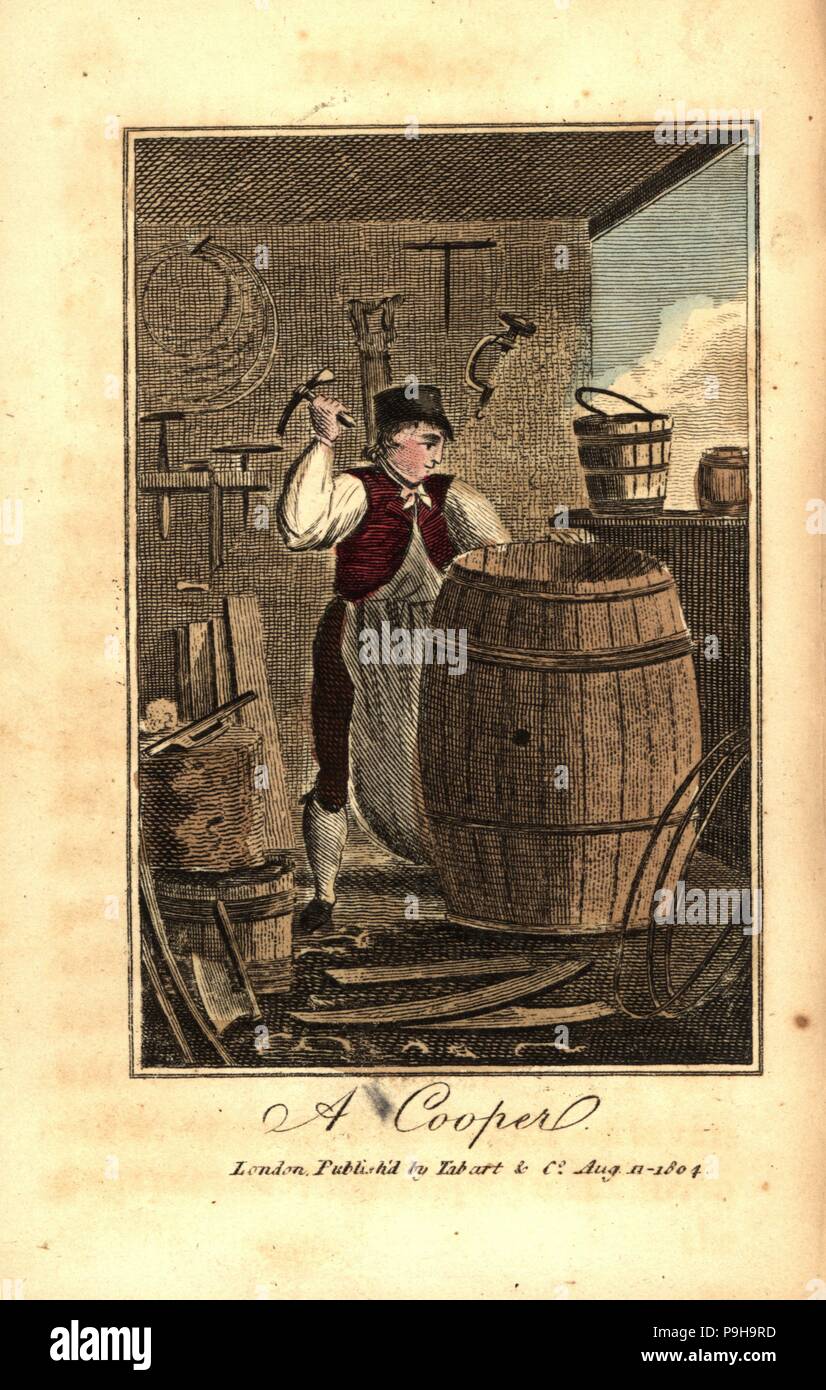 Cooper hammering a metal hoop on a hogshead barrel. On the walls are tools such as saws, axe, spoke-shave, stock and bit, adze and auger. Handcoloured woodcut engraving from The Book of English Trades and Library of the Useful Arts, Tabart, London, 1810. Stock Photo