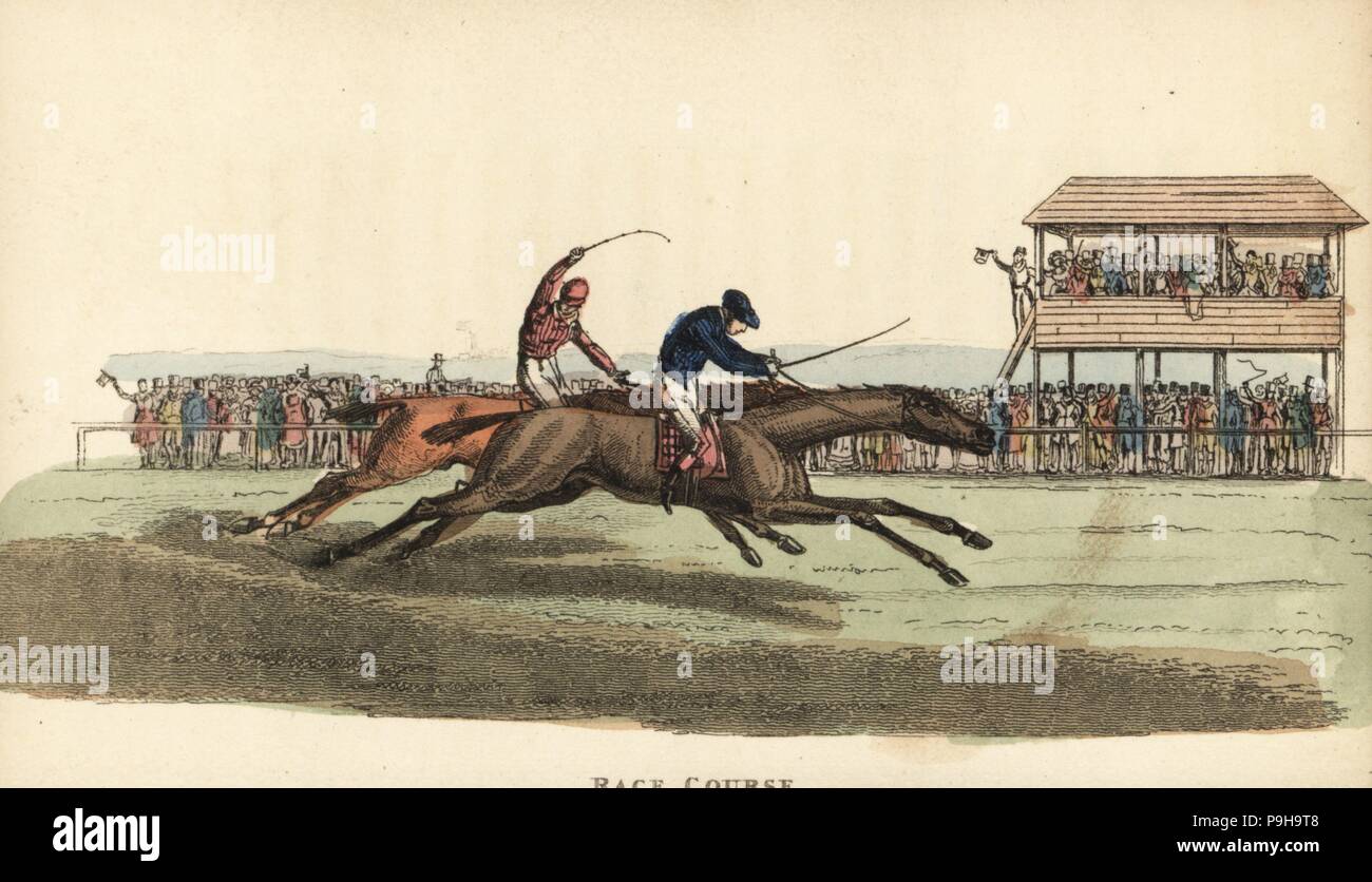 Jockeys in racing silks on thoroughbred horses on a race course before a cheering crowd. Handcoloured copperplate engraving from William Henry Pyne's The World in Miniature: England, Scotland and Ireland, Ackermann, 1827. Stock Photo