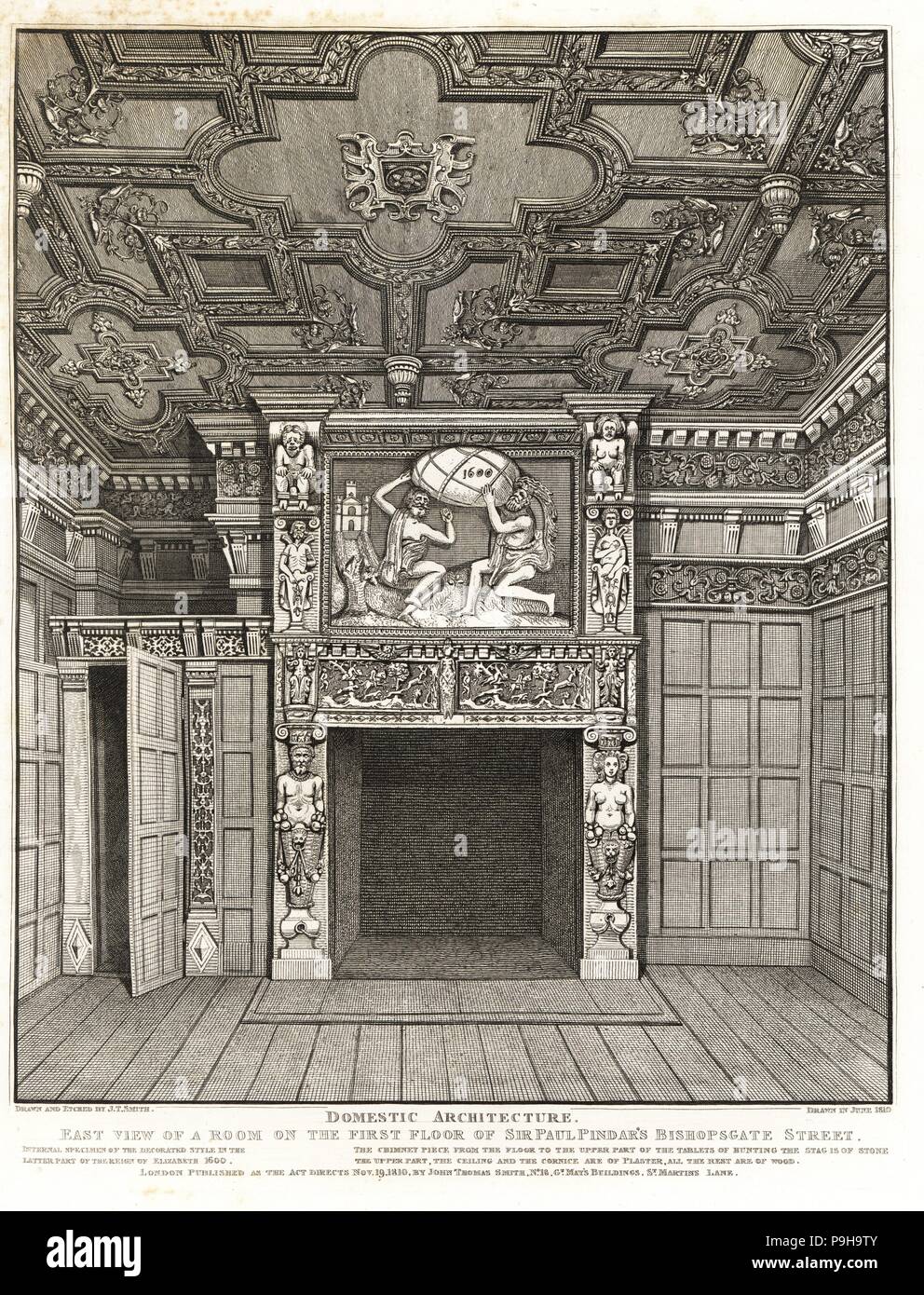 Room on the first floor of Sir Paul Pindar's house, Bishopsgate Street, 1810. Wood panel walls, stone chimney piece and plaster ceiling and cornices. Internal specimen of the Tudor Decorated style, latter part of the reign of Elizabeth, 1600. Copperplate engraving drawn and etched by John Thomas Smith from his Topography of London, 1810. Stock Photo