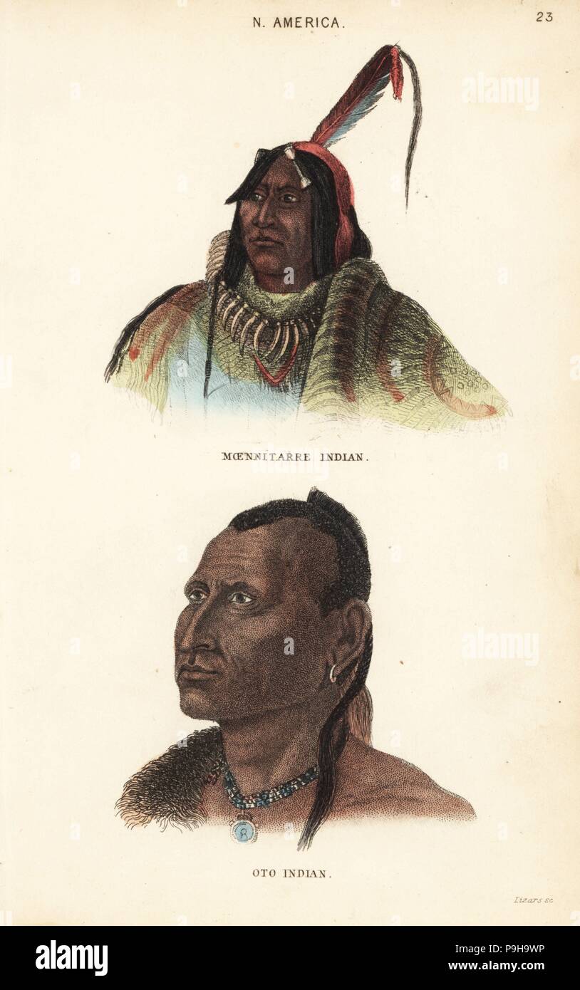 Hidatsa warrior (Moennitarri) and Otoe chief. North American people: Moennitarre Indian and Oto Indian. After Karl Bodmer's portraits for Prince Alexander Philipp Maximilian of Neuwied. Handcoloured steel engraving by Lizars from Charles Hamilton Smith's Natural History of the Human Species, Edinburgh, W. H. Lizars, 1848. Stock Photo