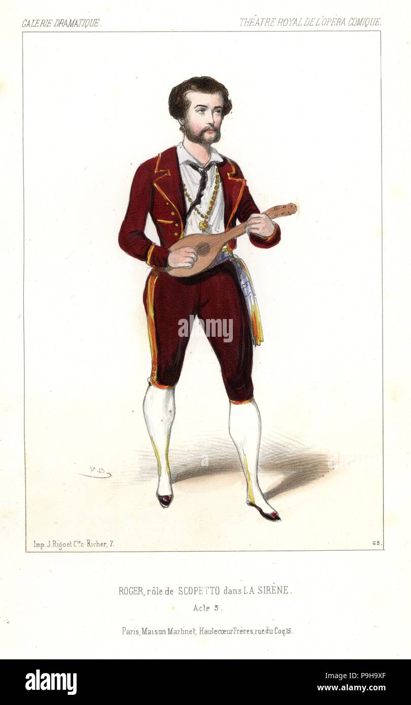 Tenor singer Gustave-Hippolyte Roger as Scopetto in La Sirene by Daniel Auber and Eugene Scribe, Theatre Royal de l'Opera Comique, 1844. Handcoloured lithograph after an illustration by Victor Dollet from Galerie Dramatique: Costumes des Theatres de Paris, Paris, 1845. Stock Photo