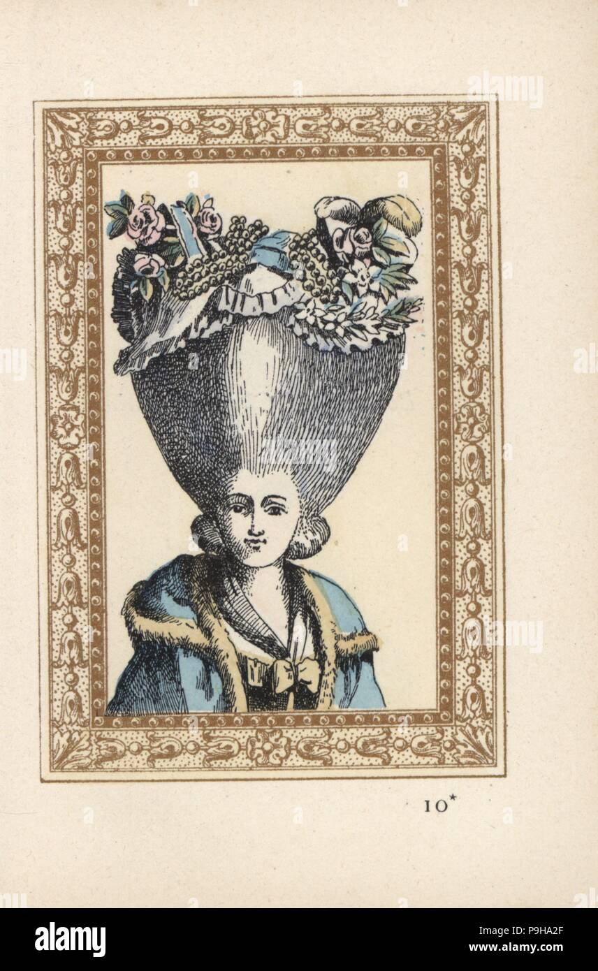 Woman in high hairstyle crowned with an elegant bonnet with pearls, flowers  and plumes. Bonnet elegant avec des perles. Handcoloured lithograph by de  Laubadere from Octave Uzanne's Stylish Hairstyle or Eccentric Finery