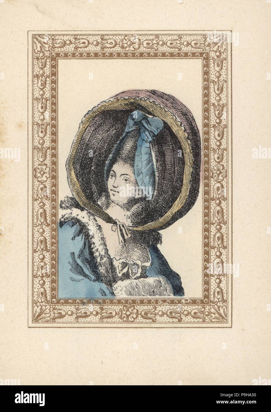 Woman in a round bonnet with ribbon rosette and two ringlets. The bonnet is called a turned-up calash, Caleche retroussee, after the carriage with a folding top. Handcoloured lithograph by de Laubadere from Octave Uzanne's Stylish Hairstyle or Eccentric Finery from the era of King Louis XVI, Coiffures de Style, la Parure Excentrique, Rouveyre, Paris, 1895. Stock Photo