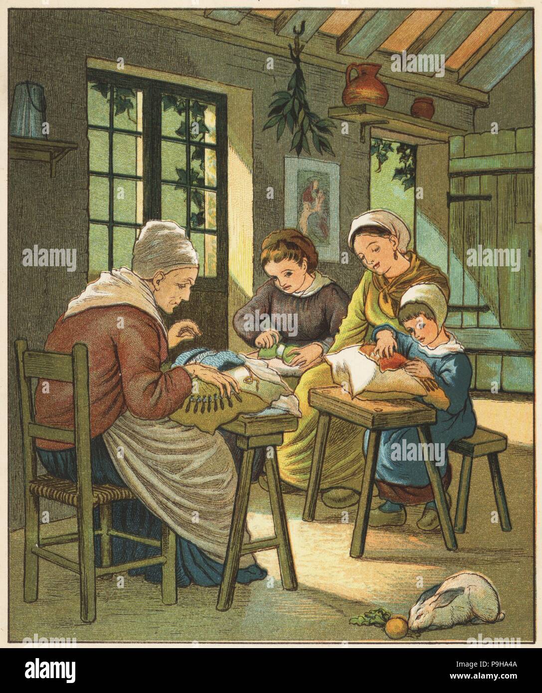 Victorian lace-makers of Caen, Normandy. Colour woodblock after an illustration by Thomas Crane and Ellen Houghton from Abroad, Marcus Ward, London, 1882. Stock Photo