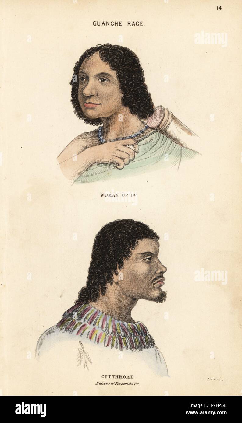 Cutthroat man and woman from Bioko island (Fernando Po). People of the extinct Guanche people. From drawings by Captain Filmore. Handcoloured steel engraving by Lizars after an illustration by Charles Hamilton Smith from his Natural History of the Human Species, Edinburgh, W. H. Lizars, 1848. Stock Photo