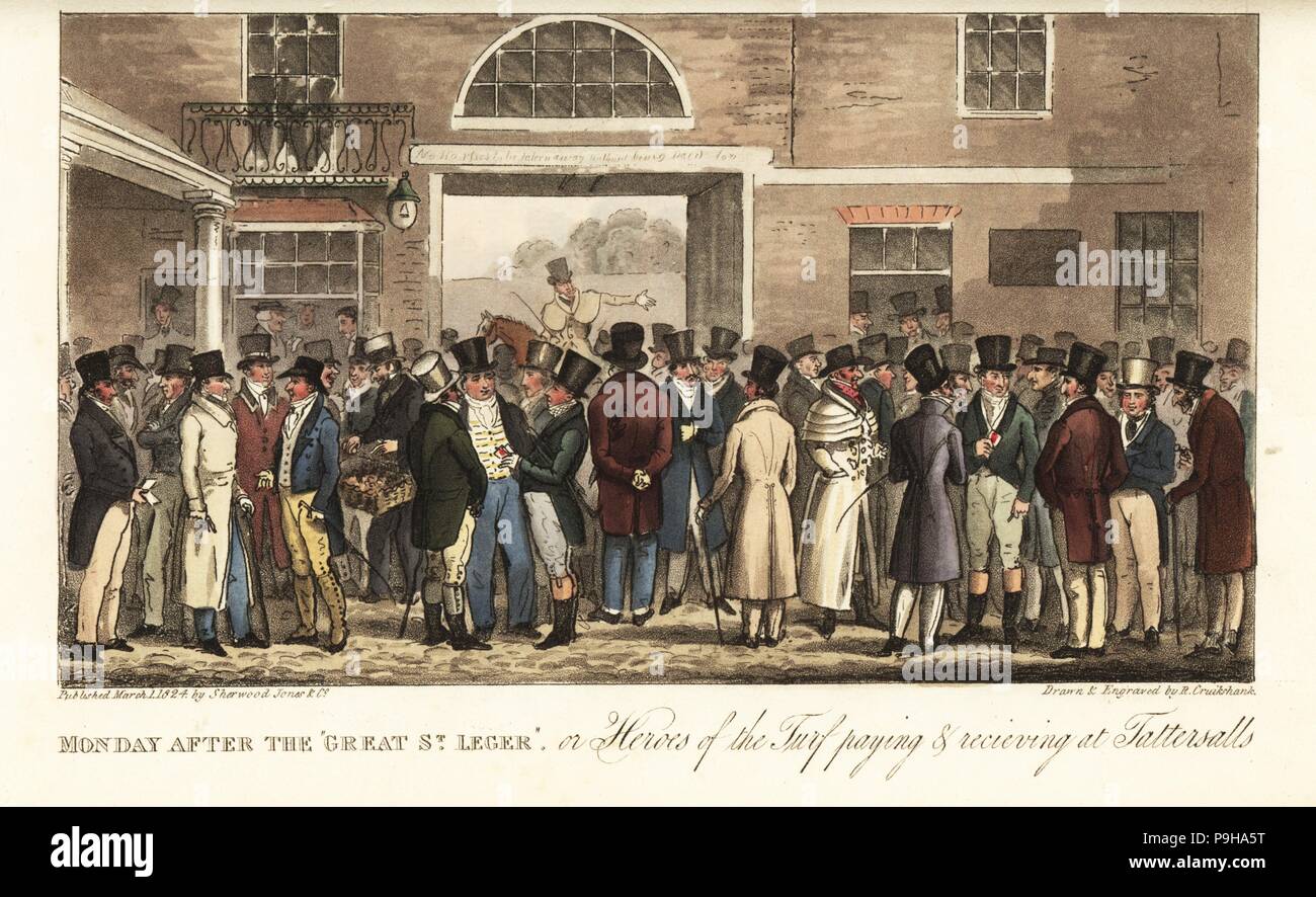 Gamblers including Mr. Tanfield, John Gully and the Earl of Sefton settling bets after the Doncaster St. Leger at Tattersalls. Monday after the Great St. Leger, or Heroes of the Turf paying and receiving at Tattersalls. Handcoloured copperplate drawn and engraved by Robert Cruikshank from The English Spy, London, 1825. Written by Bernard Blackmantle, a pseudonym for Charles Molloy Westmacott. Stock Photo