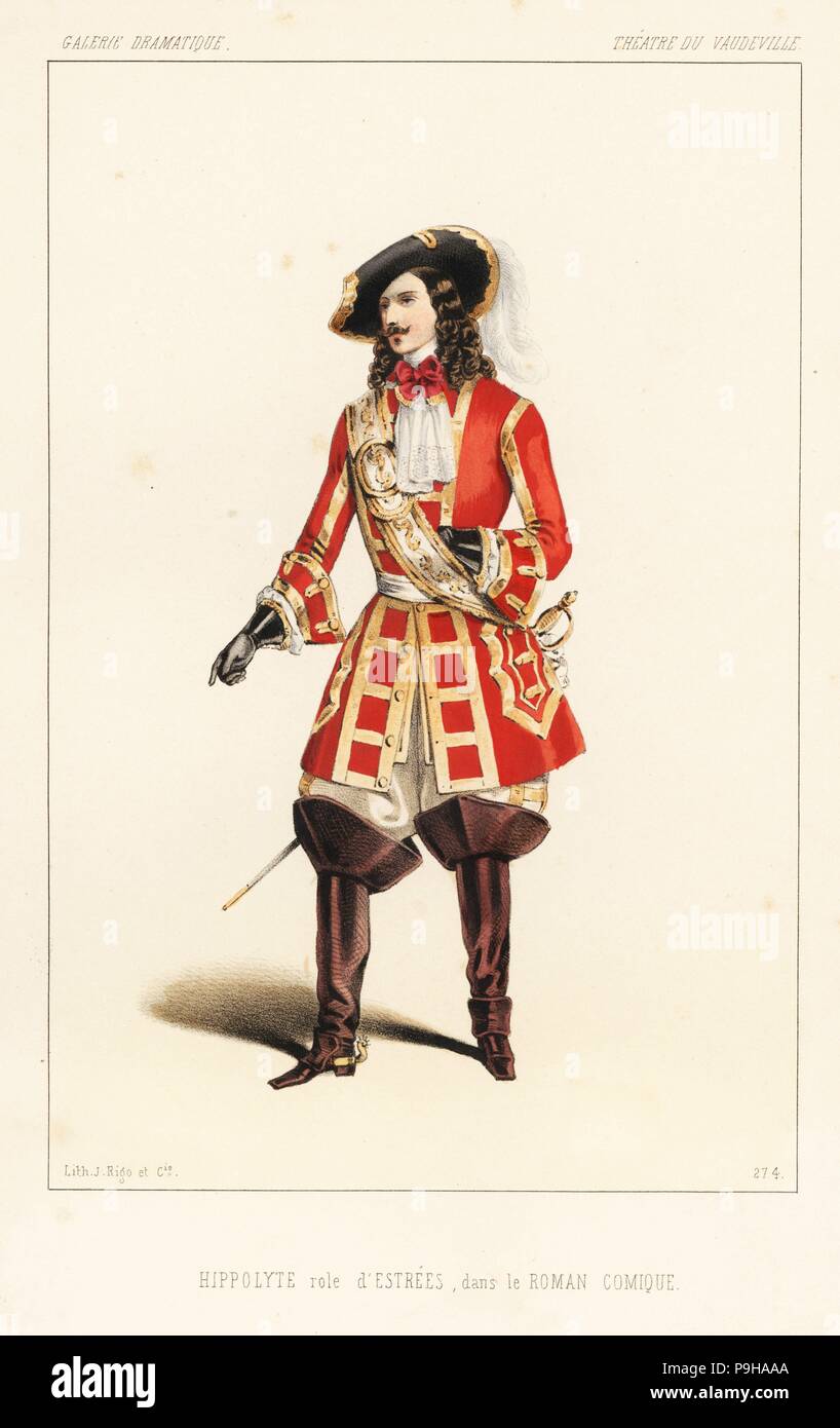 Hippolyte as d'Estrees in Le Roman Comique by Dennery, Cormon and Romain,  Theatre du Vaudeville, 1846. Handcoloured lithograph after an illustration  by Alexandre Lacauchie from Victor Dollet's Galerie Dramatique: Costumes  des Theatres