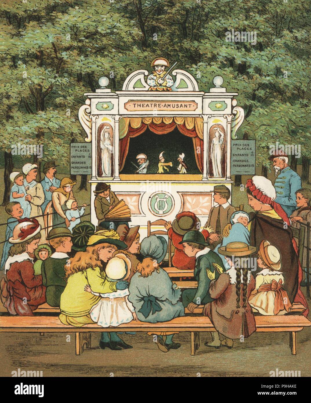 Victorian children watching a Punch and Judy show in the Tuileries Gardens, Paris. Colour woodblock after an illustration by Thomas Crane and Ellen Houghton from Abroad, Marcus Ward, London, 1882. Stock Photo