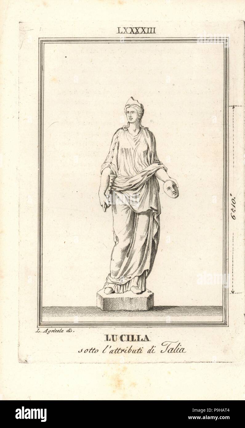 Lucilla, daughter of Roman Emperor Marcus Aurelius, with trumpet and mask, the attributes of Thalia, muse of comedy. Copperplate engraving after an illustration by L. Agricola from Pietro Paolo Montagnani-Mirabili's Il Museo Capitolino (The Capitoline Museum), Rome, 1820. Stock Photo