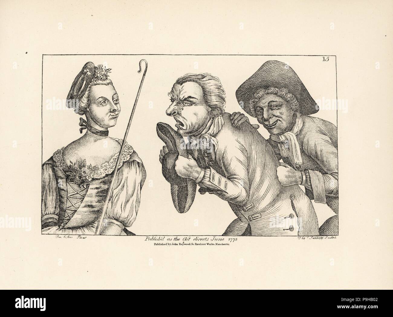 The comical figures of Simon and Mopsus with the lovely Phillida. From  Colley Cibber's comic opera Damon and Phillida, 1729. Copperplate engraving  by Thomas Sanders after a satirical illustration by John Collier (