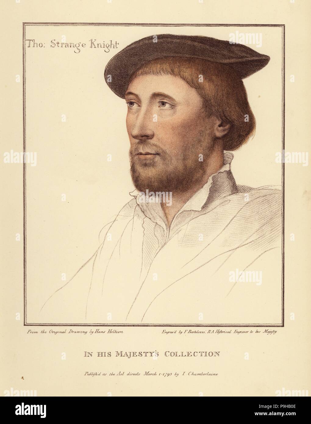 Sir Thomas le Strange of Hunstanton, High Sheriff of Norfolk, d. 1545. Handcoloured copperplate engraving by Francis Bartolozzi after Hans Holbein from Facsimiles of Original Drawings by Hans Holbein, Hamilton, Adams, London, 1884. Stock Photo