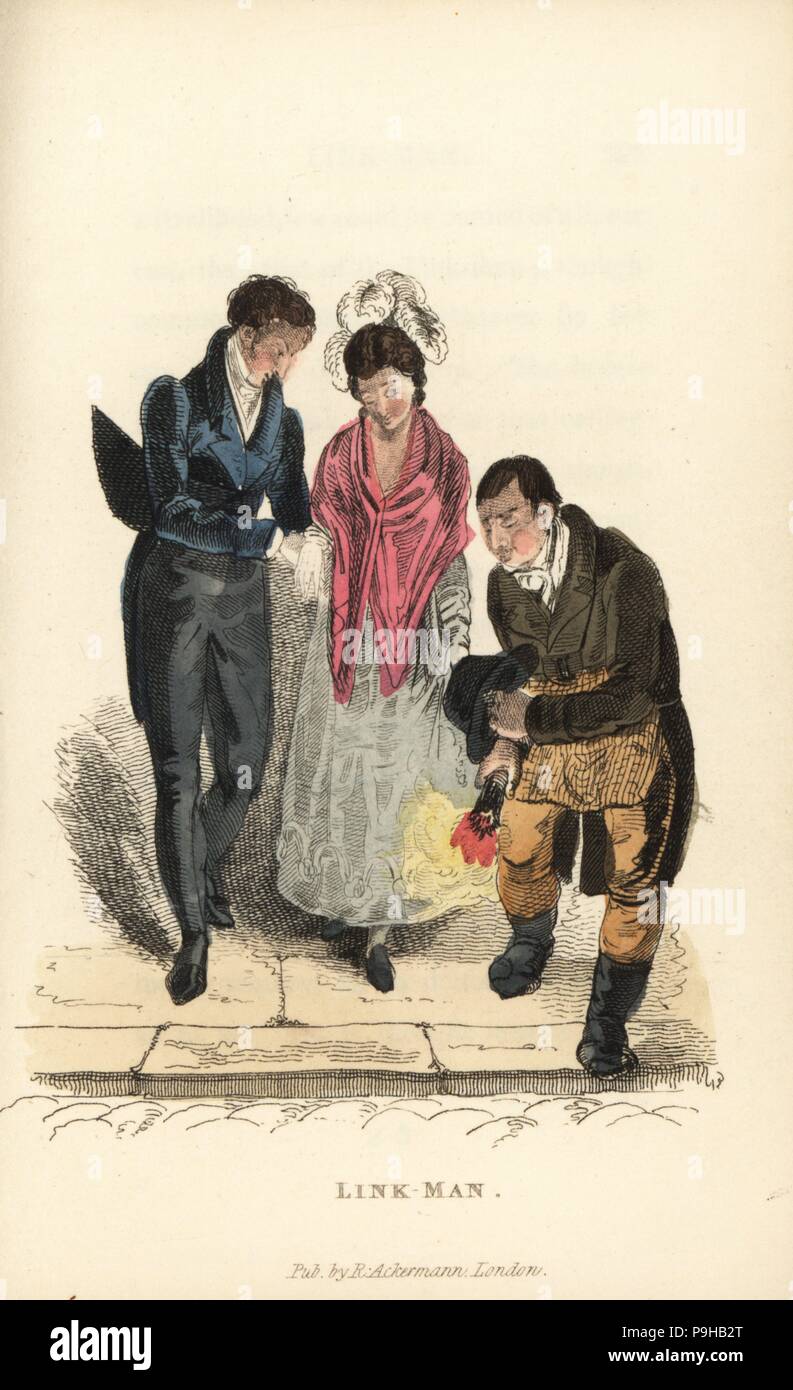 Linkman with torch showing a couple to their carriage outside a theater. Linkboys waited outside theaters to find Hackney cabs and carriages for rich patrons. Handcoloured copperplate engraving from William Henry Pyne's The World in Miniature: England, Scotland and Ireland, Ackermann, 1827. Stock Photo
