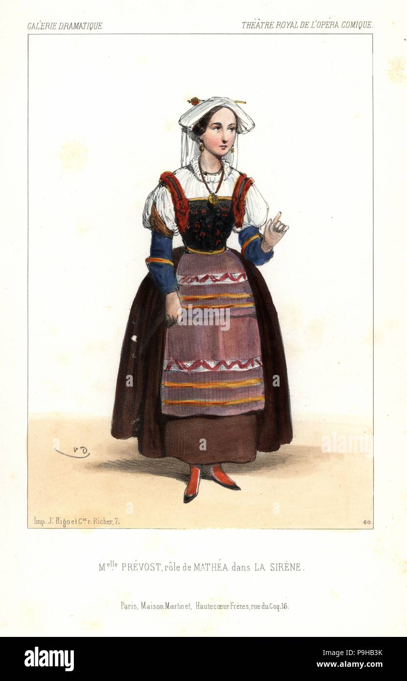 Soprano opera singer Mlle Zoe Prevost as Mathea in La Sirene by Daniel Auber and Eugene Scribe, Theatre Royal de l'Opera Comique, 1844. Handcoloured lithograph after an illustration by Victor Dollet from Galerie Dramatique: Costumes des Theatres de Paris, Paris, 1845. Stock Photo