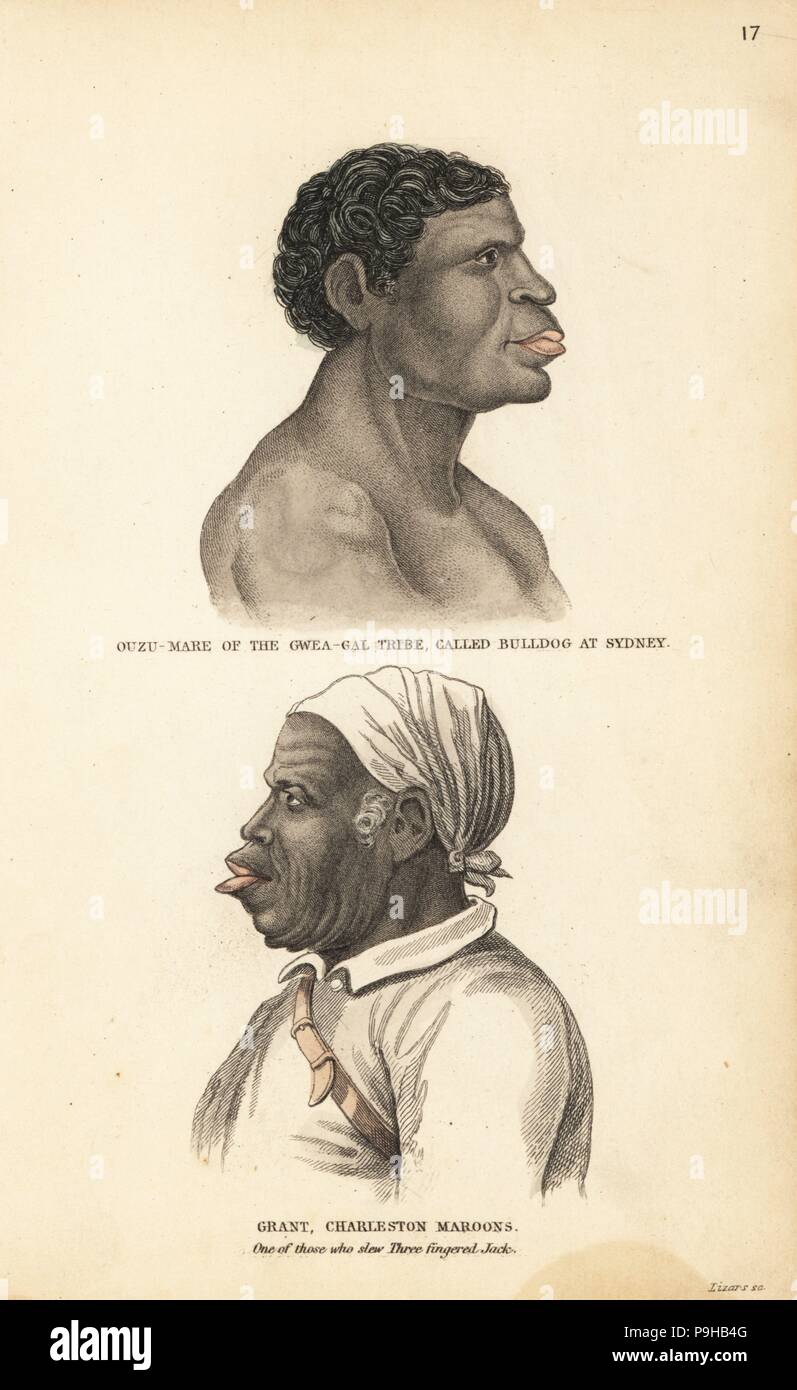 Ouzu-Mare or Bulldog, Gweagal Aborigine from Sydney, Australia, and Grant, a Jamaican Maroon chief, descendant of African slaves. Grant was one of those who slew Jack Mansong, or Three-Fingered Jack, a runaway slave. Handcoloured steel engraving by Lizars after an illustration by Charles Hamilton Smith from his Natural History of the Human Species, Edinburgh, W. H. Lizars, 1848. Stock Photo
