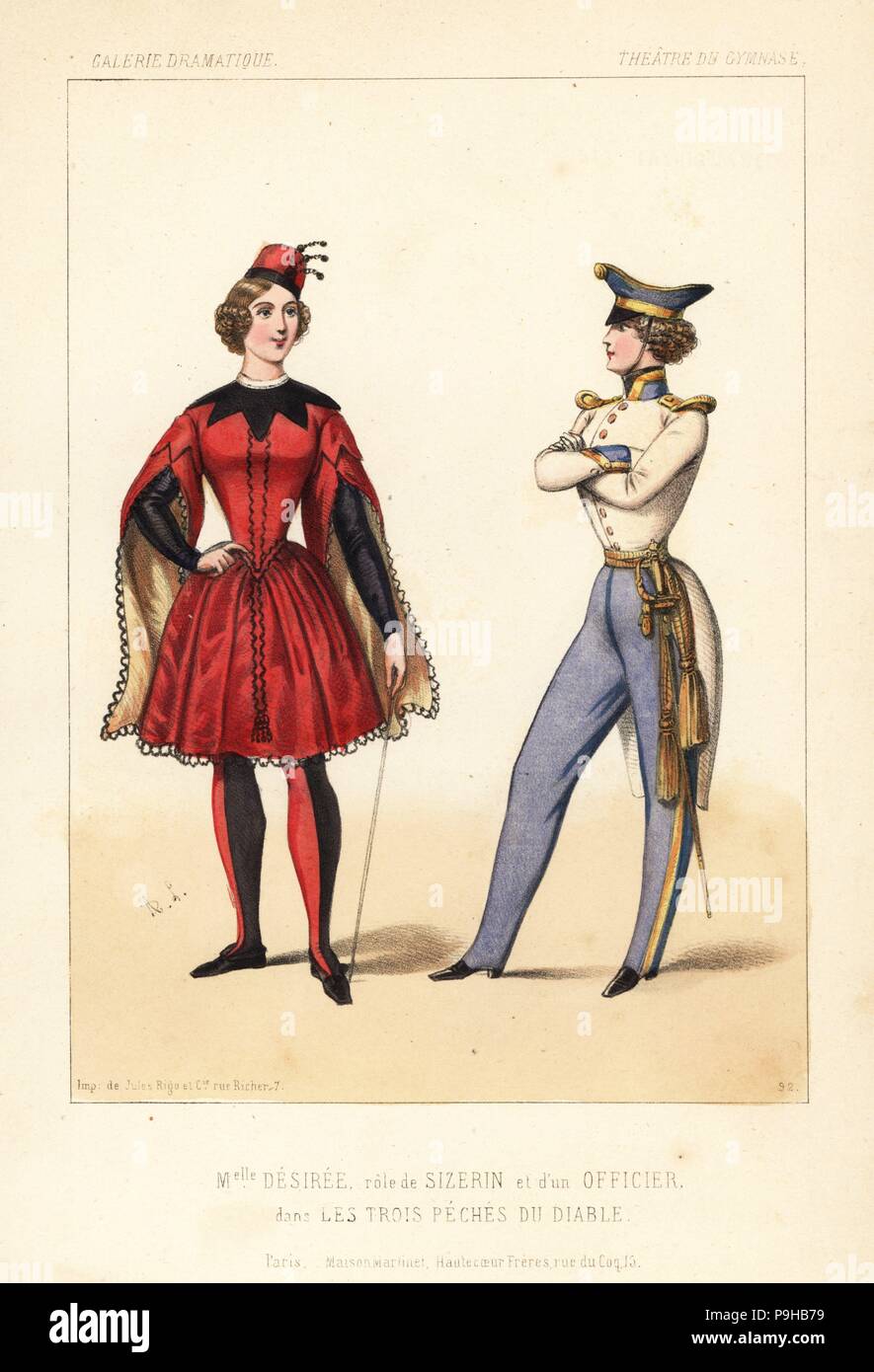 Actress Mlle. Desiree as Sizerin and an officer in Les Trois Peches du Diable by Charles Varin and Lubize (Pierre-Henri Martin), Theatre du Gymnase, 1844. Handcoloured lithograph after an illustration by Alexandre Lacauchie from Victor Dollet's Galerie Dramatique: Costumes des Theatres de Paris, Paris, 1845. Stock Photo
