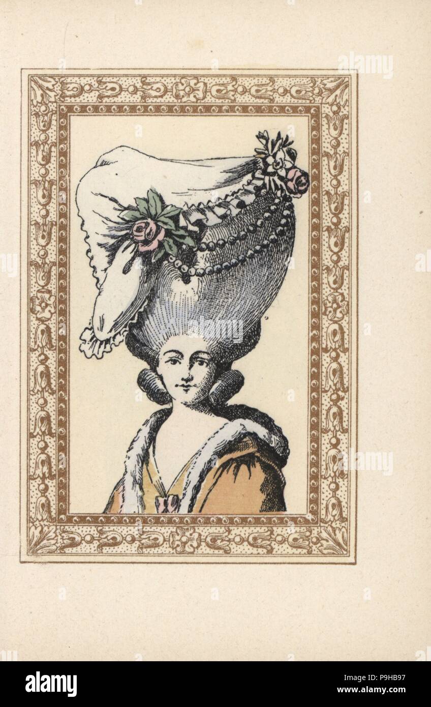 Woman in a drapery bonnet, Bonnet a la Draperie, with two strings of large  pearls and roses. Handcoloured lithograph by de Laubadere from Octave  Uzanne's Stylish Hairstyle or Eccentric Finery from the