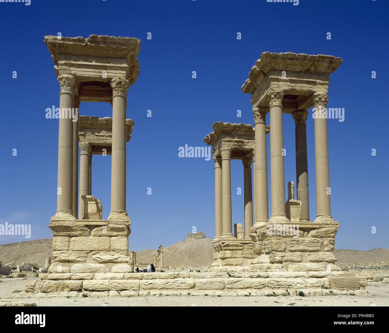 Palmyra, Syria. The Tetrapylon. Ancient type of monument of cubic shape with a gate on each of the four sides. Photo taken before Syrian Civil War. Stock Photo