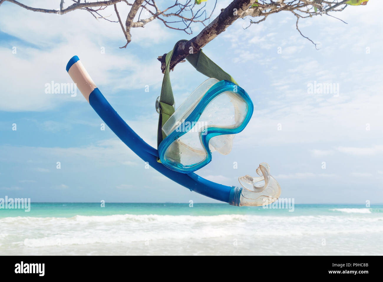 Snorkel Hanging on a branch on the beach. Dive mask and snorkel. Snorkeling equipment on a wooden twig, on the background of the beautiful sea and the Stock Photo