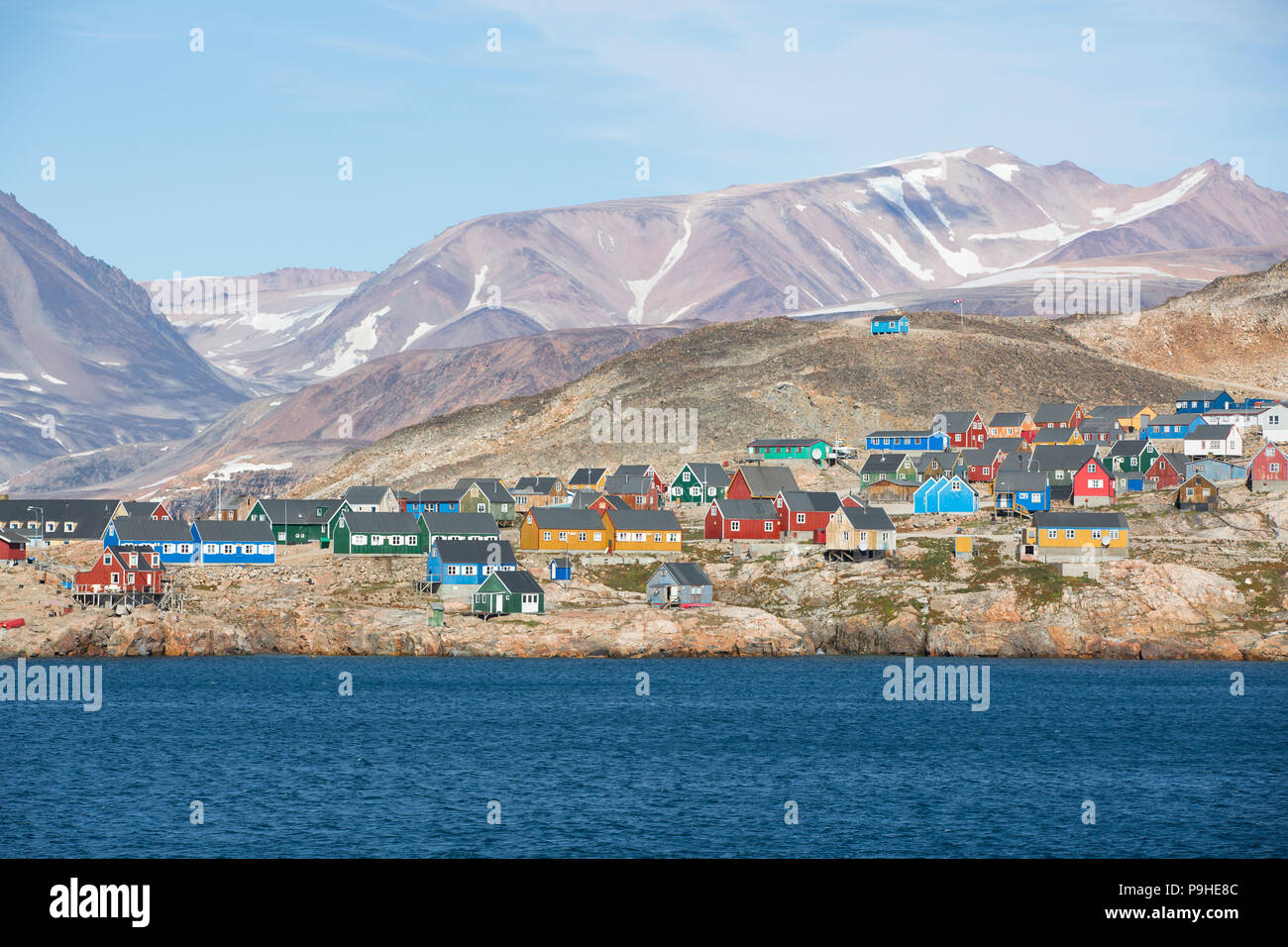 Colourful township of Ittoqqortoormiit in Scoresby Sound, Greenland Stock Photo