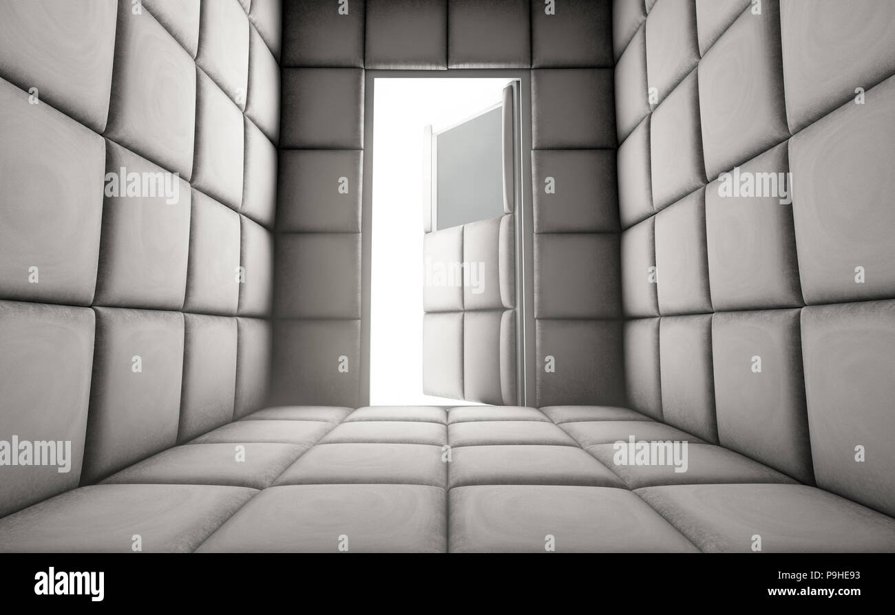 An Empty White Padded Cell With An Open Door In A Mental