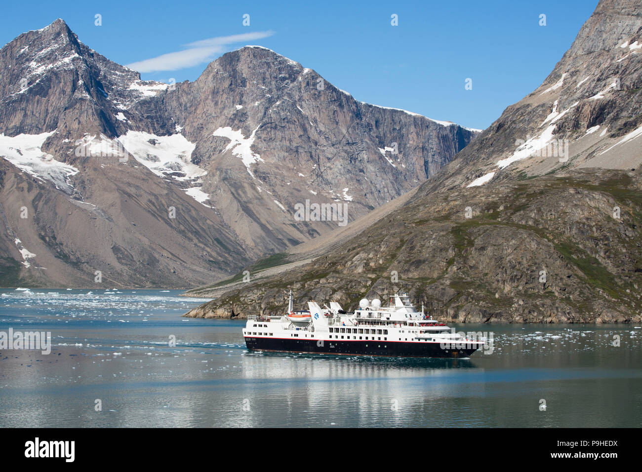 Expedition Ship, Skjoldungen Fjord, Greenland Stock Photo