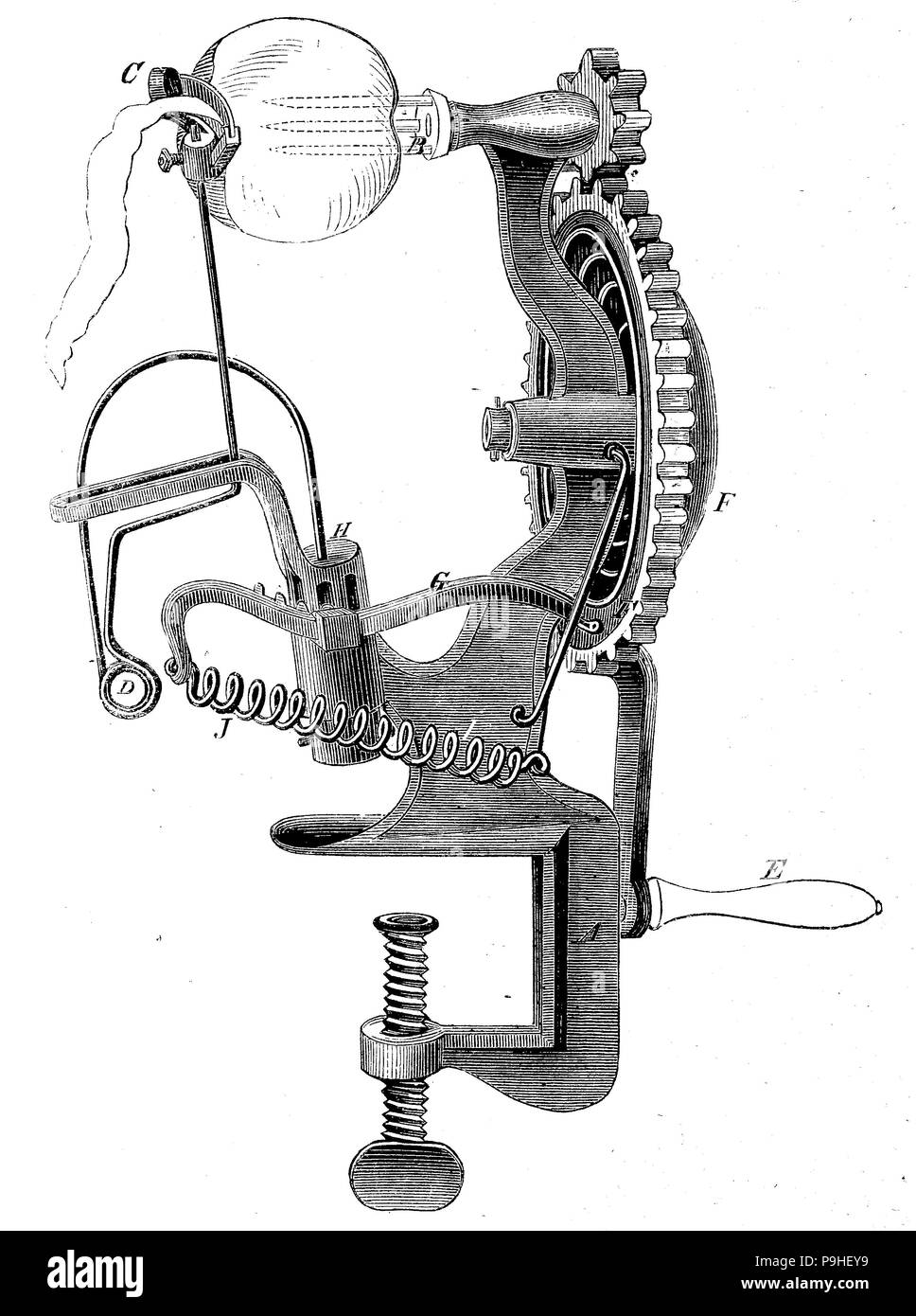 american machine for peeling apples , digital improved reproduction of an woodcut print from the year 1888 Stock Photo