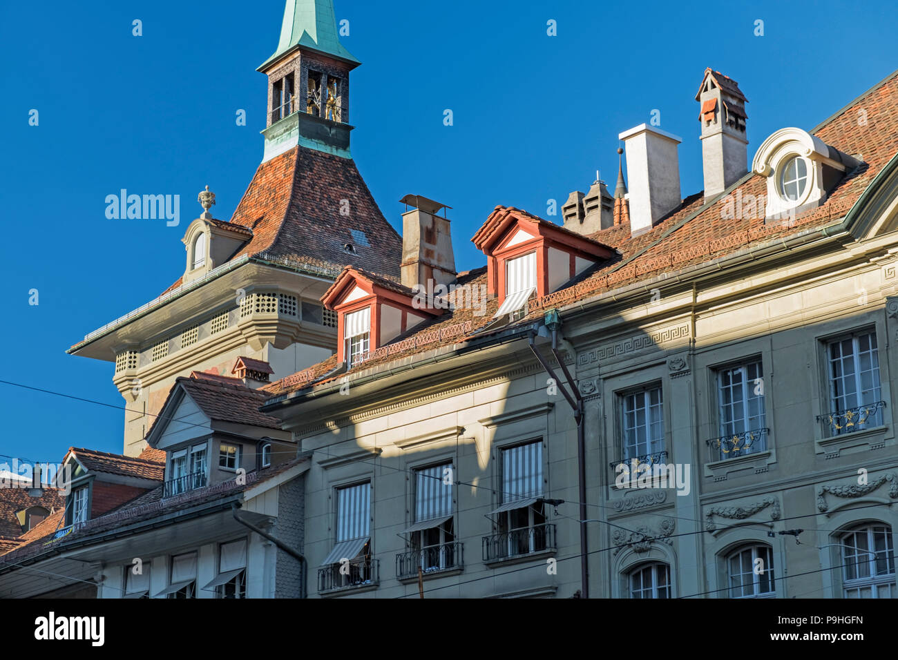 Bärenplatz houses and clock tower Old Town Bern Switzerland Stock Photo