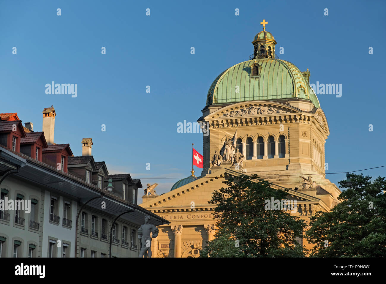 Bundeshaus Federal Palace and Bärenplatz houses Old Town Bern Switzerland Stock Photo