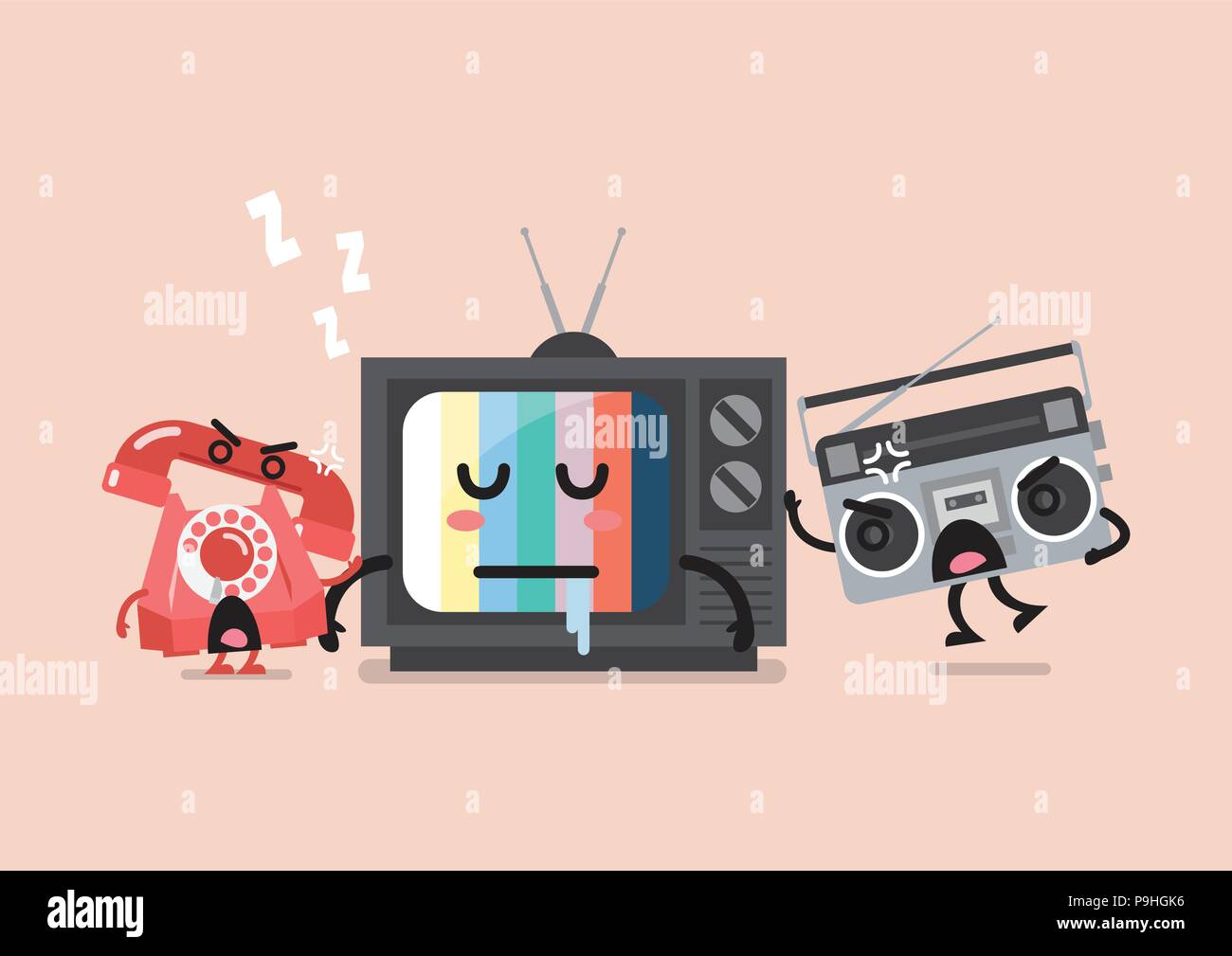 Sleeping TV is waken by radio and telephone. Funny cartoon emoticons Stock Vector