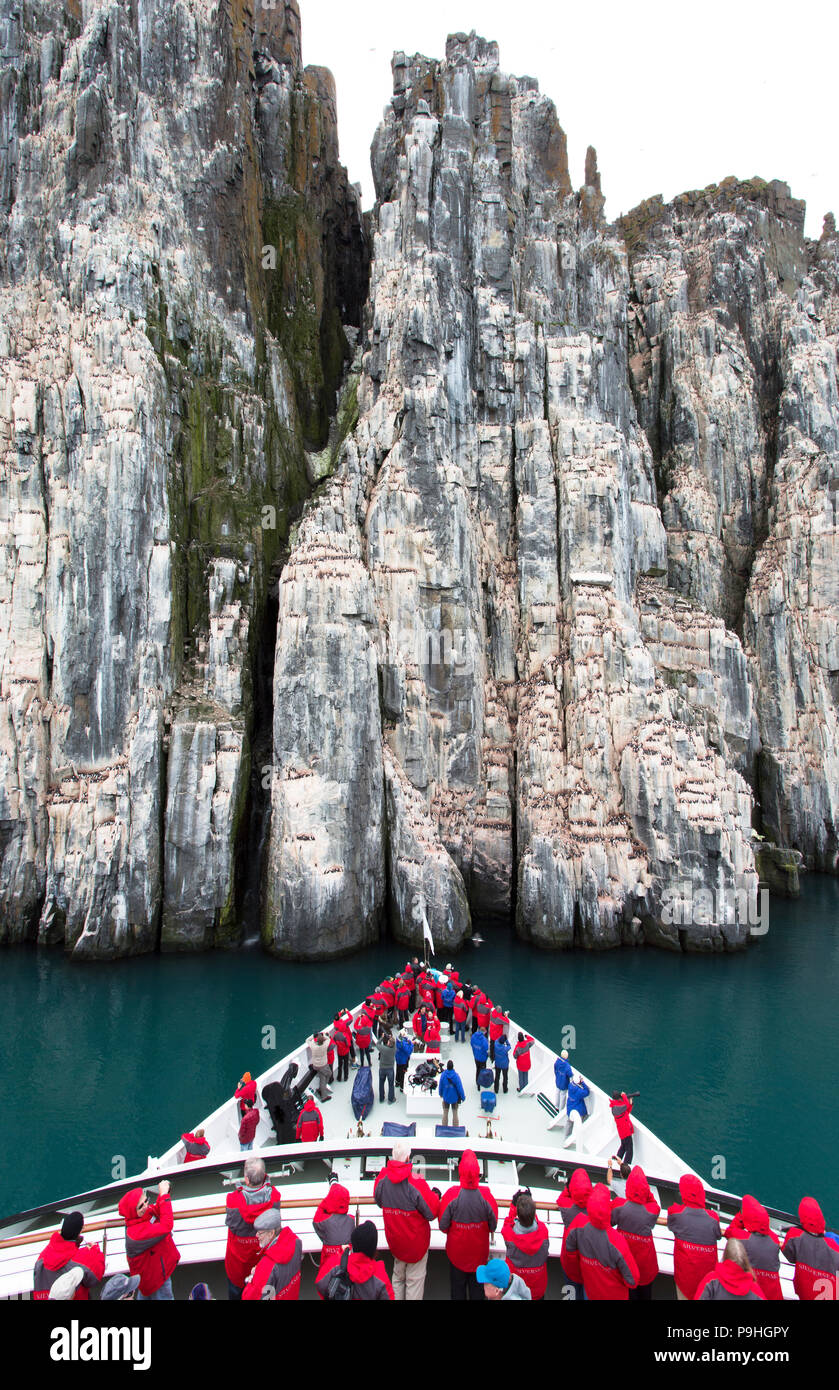 Expedition Ship, Alkefjellet Bird Cliffs Stock Photo