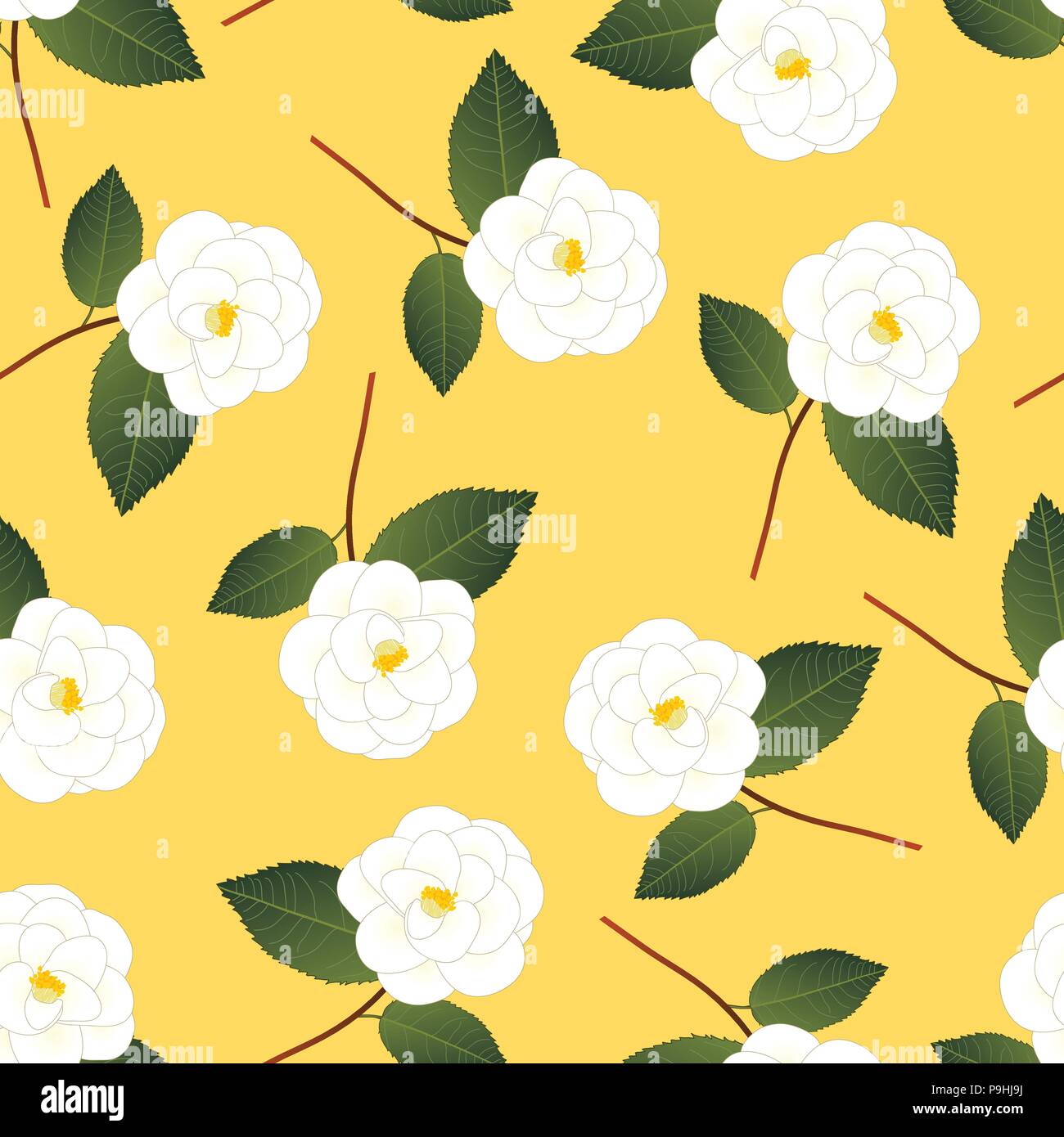 White Camellia Flower on Yellow Background. Vector Illustration Stock