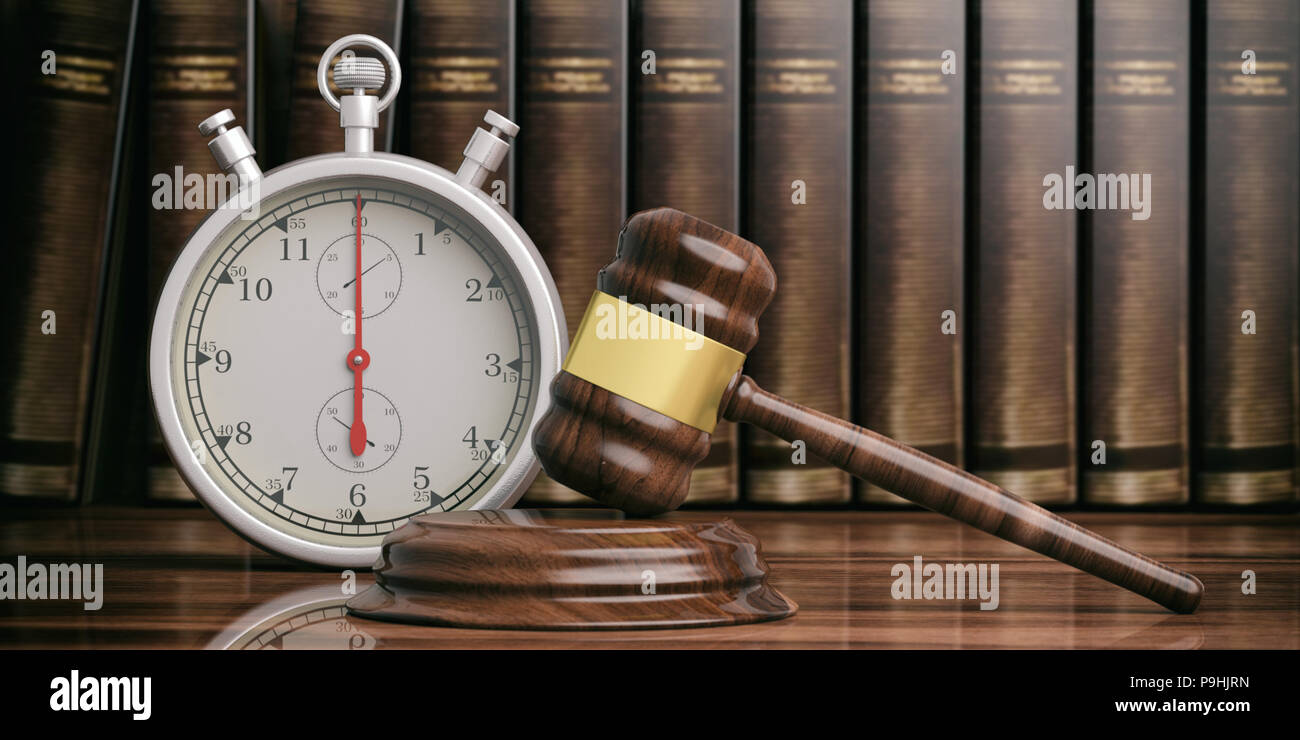 Time for justice. Stopwatch, timer and judge gavel on law books