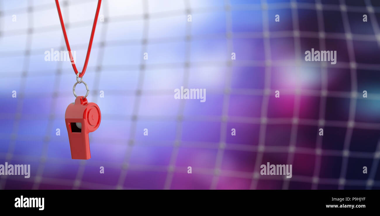Soccer, football referee. Red whistle on blur goal net background, copy space. 3d illustration Stock Photo