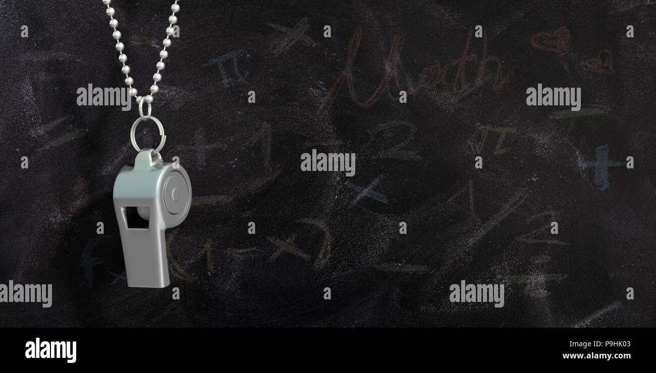 Coach whistle with metal chain, isolated on school blackboard