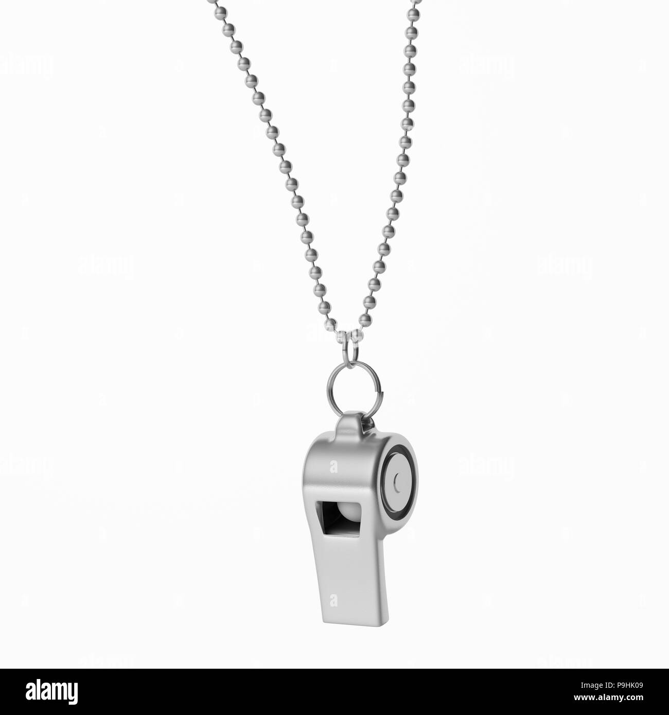Coach whistle metal with silver chain isolated cutout on white background. 3d illustration Stock Photo