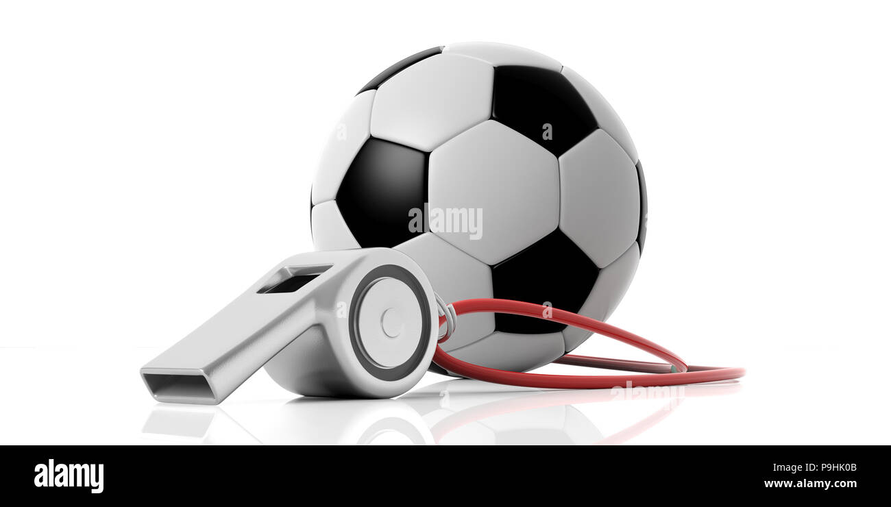 Coach whistle with red string and soccer football ball isolated on white background. 3d