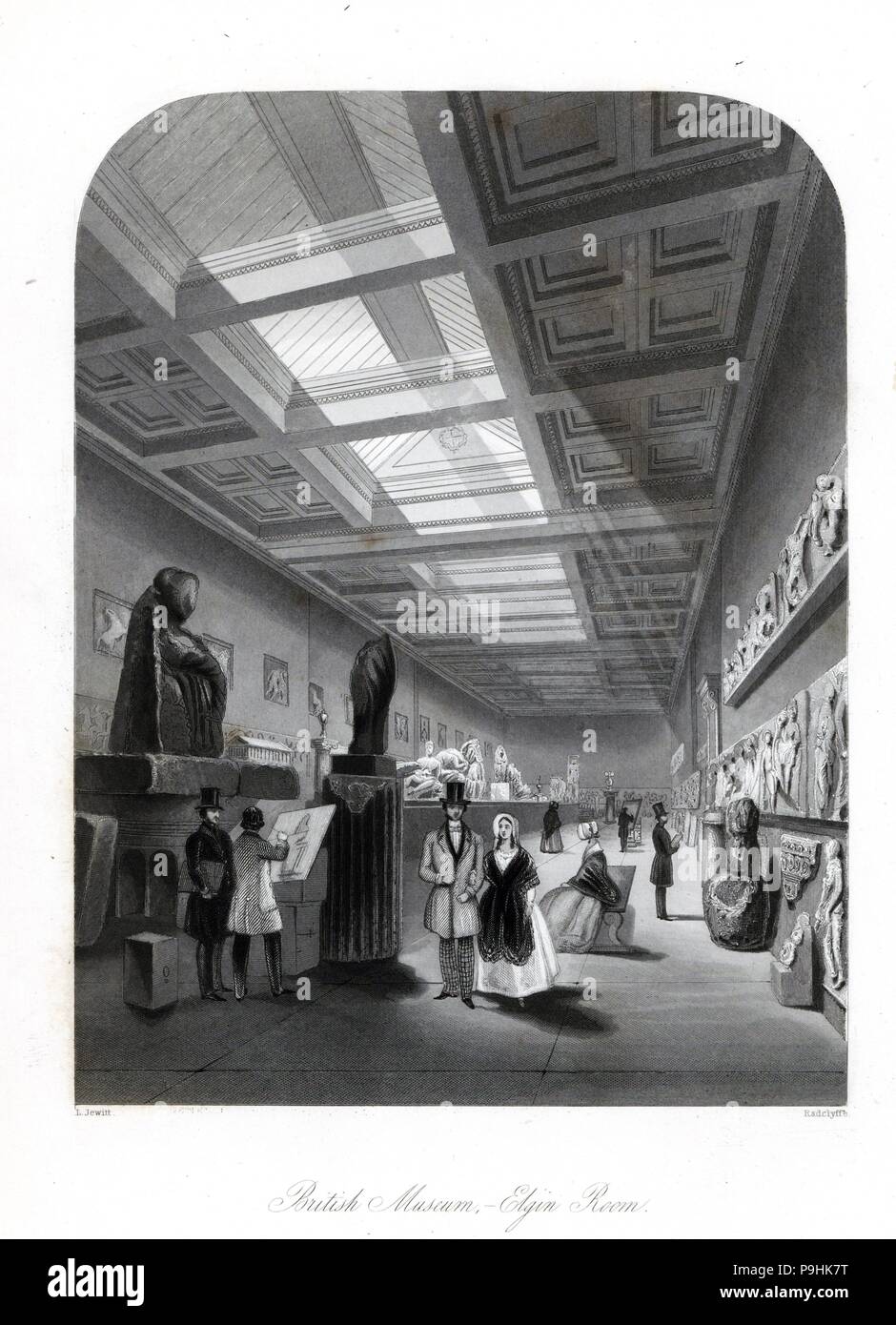 The Elgin Marbles room in the British Museum. Lord Elgin's collection of perished statuary from the Parthenon was purchased by the British government in 1816. Steel engraving by Radclyffe after an illustration by Llewellyn Jewitt from London Interiors, Their Costumes and Ceremonies, Joshua Mead, London, 1841. Stock Photo