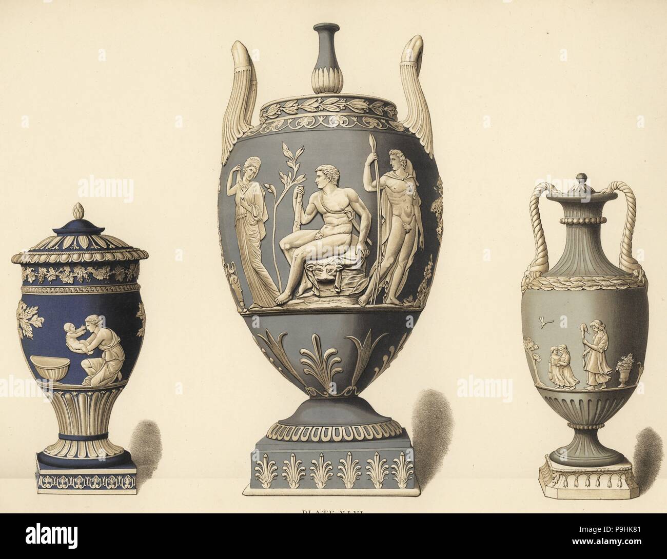 Vase with reliefs of Achilles (L), vase with Hercules in the garden of the  Hesperides (C), and vase with reliefs designed by Lady Templeton (R).  Chromolithograph by W. Griggs from Frederick Rathbone's