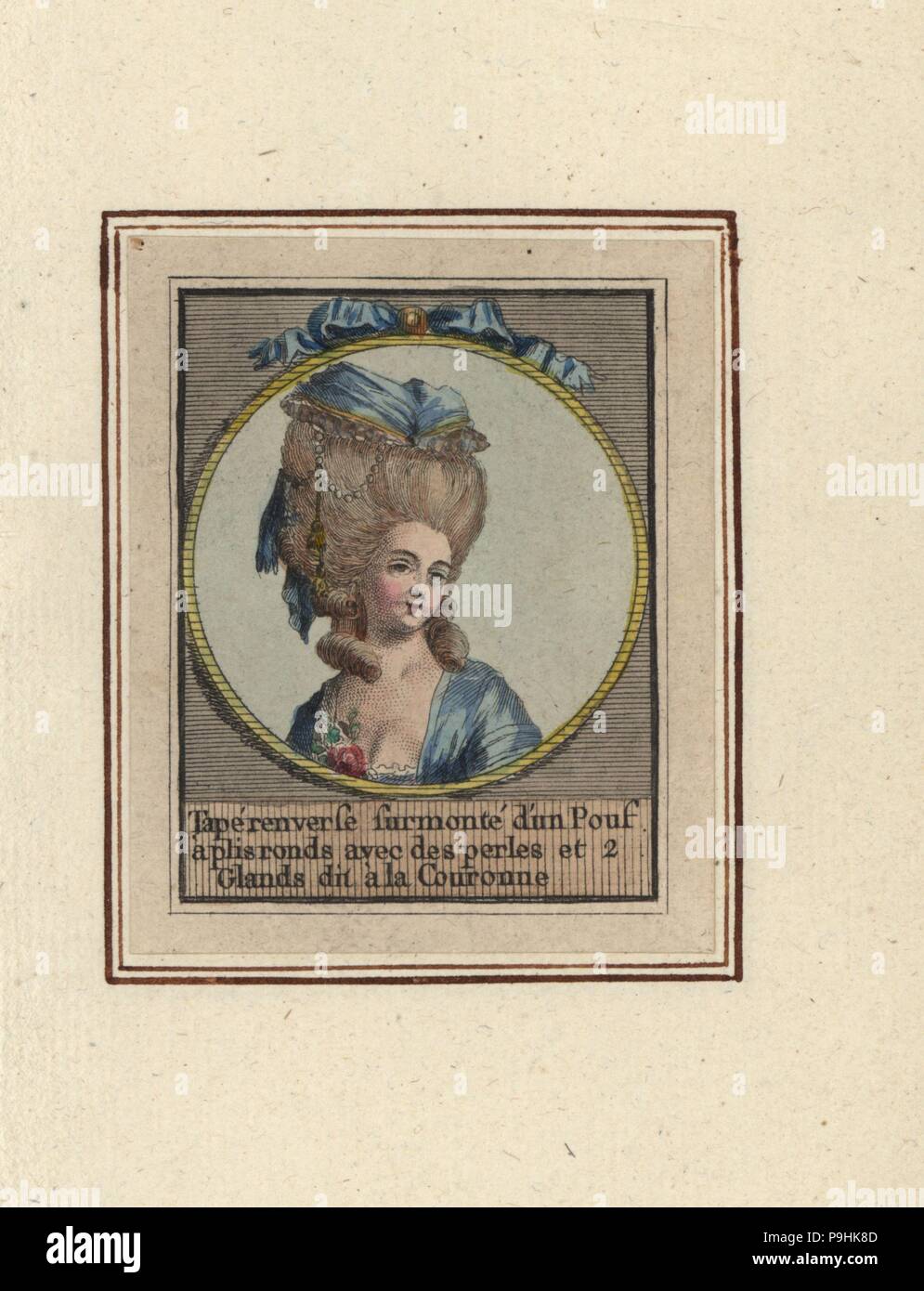 Woman in the Crown or Couronne hairdo, a backcombed hairstyle surmounted by a pouf hat with pleats, pearls and tassels. Tape renverse surmonte d'un Pouf a plis ronds avec des perles et 2 Glands dit a la Couronne. Handcoloured copperplate engraving by an unknown artist from an Album of Fashionable Hairstyles of 1783, Suite des Coeffures a la Mode en 1783, Esnauts et Rapilly, Paris, 1783. Stock Photo