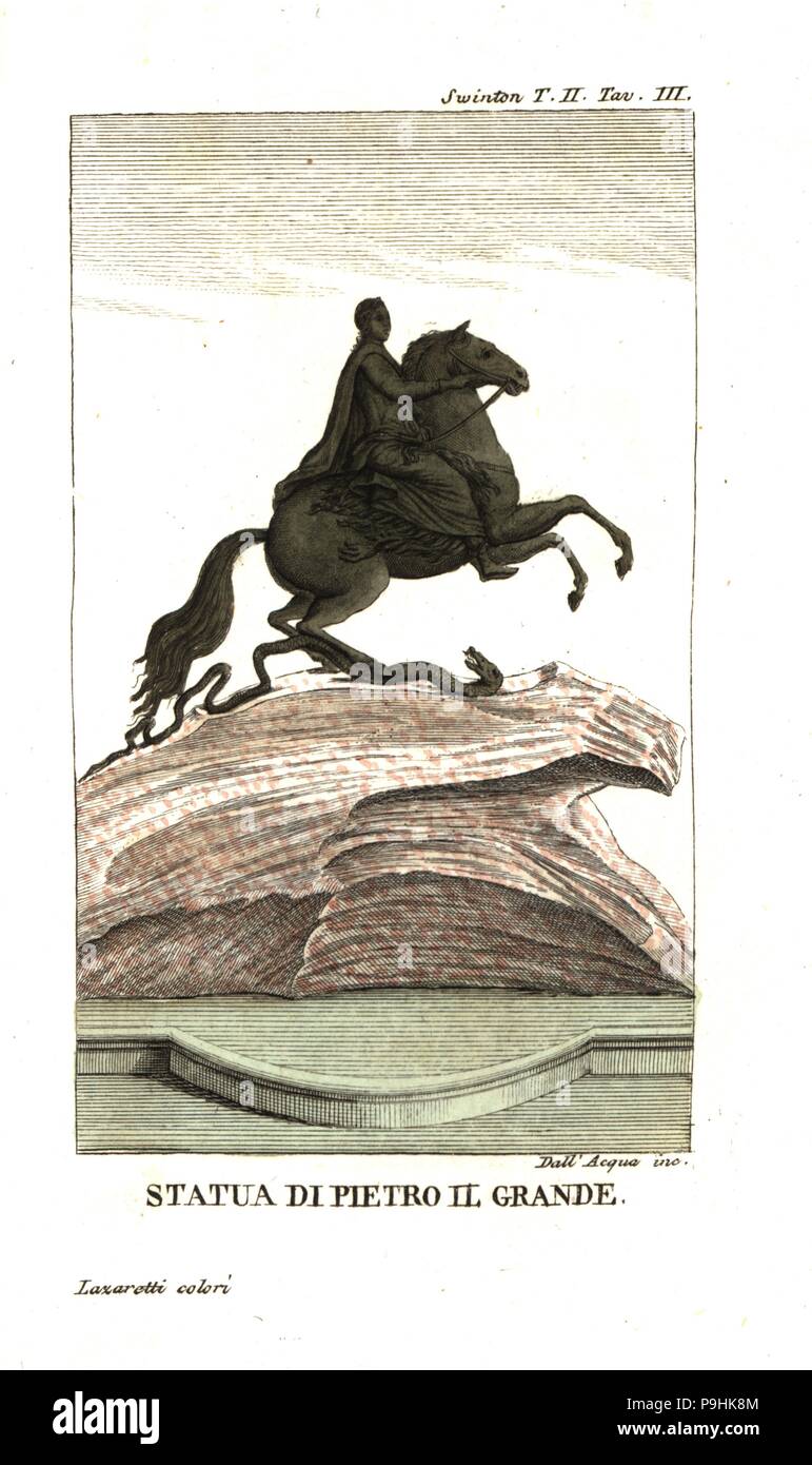 The Bronze Horseman, statue of Peter the Great in St. Petersburg, Russia. Illustration from Andrew Swinton’s Travels into Norway, Denmark and Russia, 1792. Copperplate engraving by Dell'Acqua handcoloured by Lazaretti from Giovanni Battista Sonzogno’s Collection of the Most Interesting Voyages (Raccolta de Viaggi Piu Interessanti), Milan, 1815-1817. Stock Photo