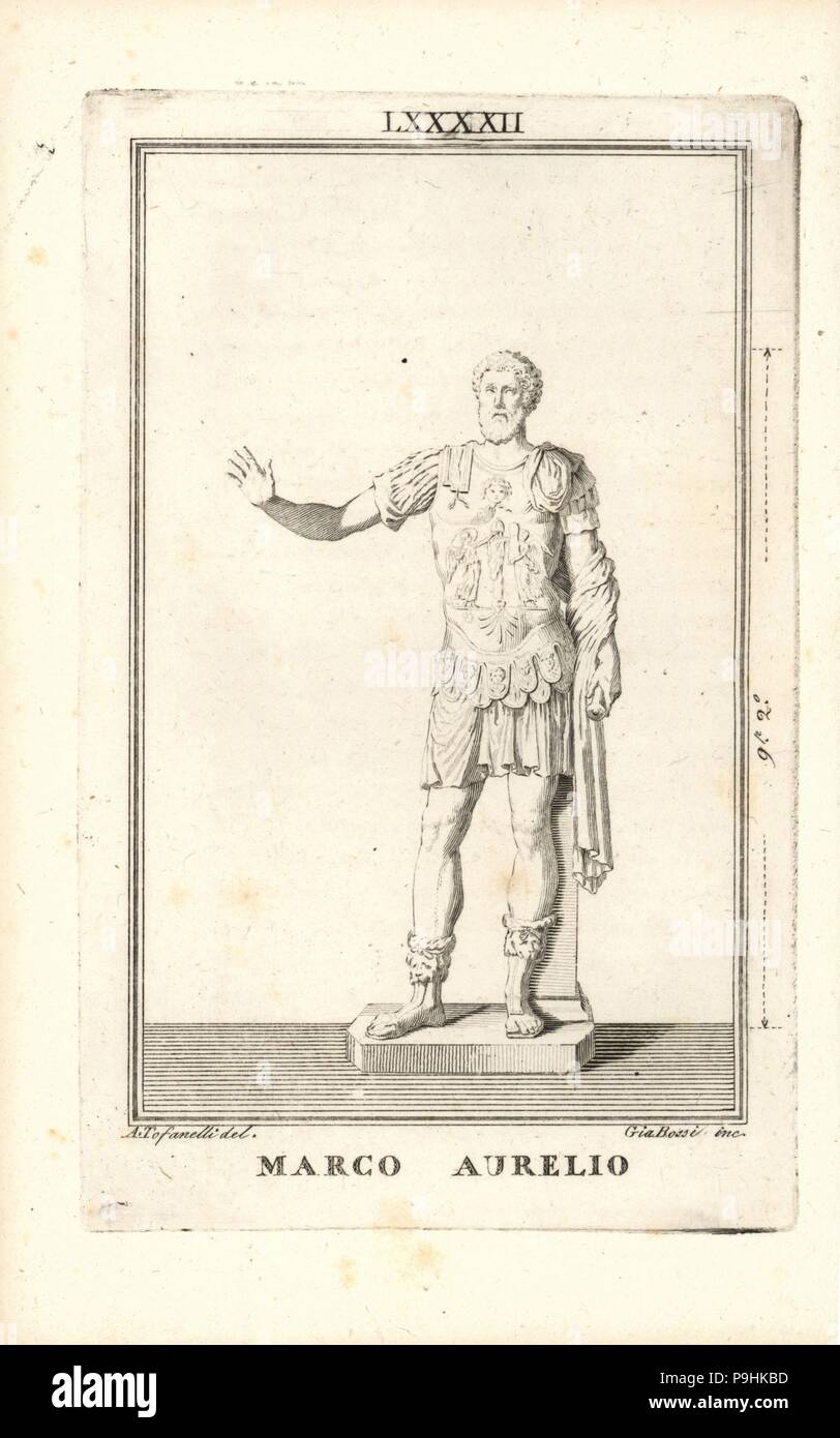 Statue of Roman Emperor Marcus Aurelius in military armour. Copperplate engraving by Giacomo Bossi after an illustration by A. Tofanelli from Pietro Paolo Montagnani-Mirabili's Il Museo Capitolino (The Capitoline Museum), Rome, 1820. Stock Photo