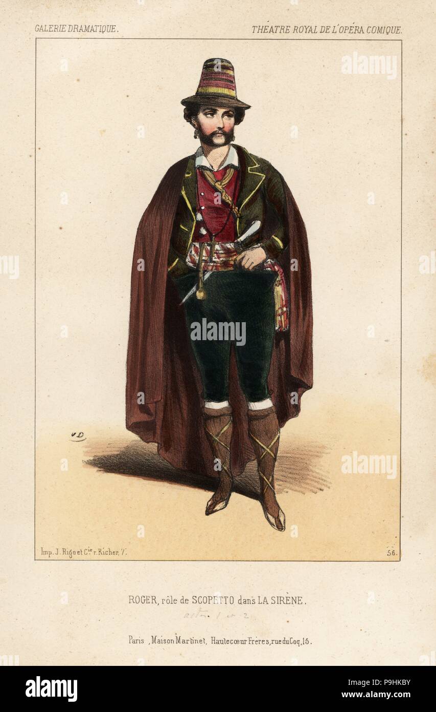 Tenor singer Gustave-Hippolyte Roger as Scopetto in La Sirene by Daniel Auber and Eugene Scribe, Theatre Royal de l'Opera Comique, 1844. Handcoloured lithograph after an illustration by Victor Dollet from Galerie Dramatique: Costumes des Theatres de Paris, Paris, 1845. Stock Photo