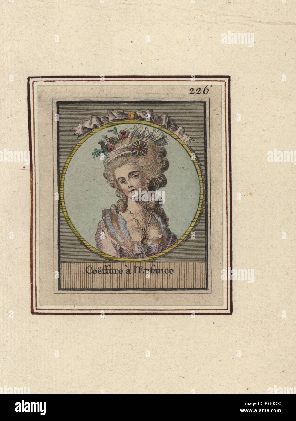 Woman in hairstyle decorated with ribbons and flowers called Childhood. Coeffure a l'Engance. Handcoloured copperplate engraving by an unknown artist from an Album of Fashionable Hairstyles of 1783, Suite des Coeffures a la Mode en 1783, Esnauts et Rapilly, Paris, 1783. Stock Photo