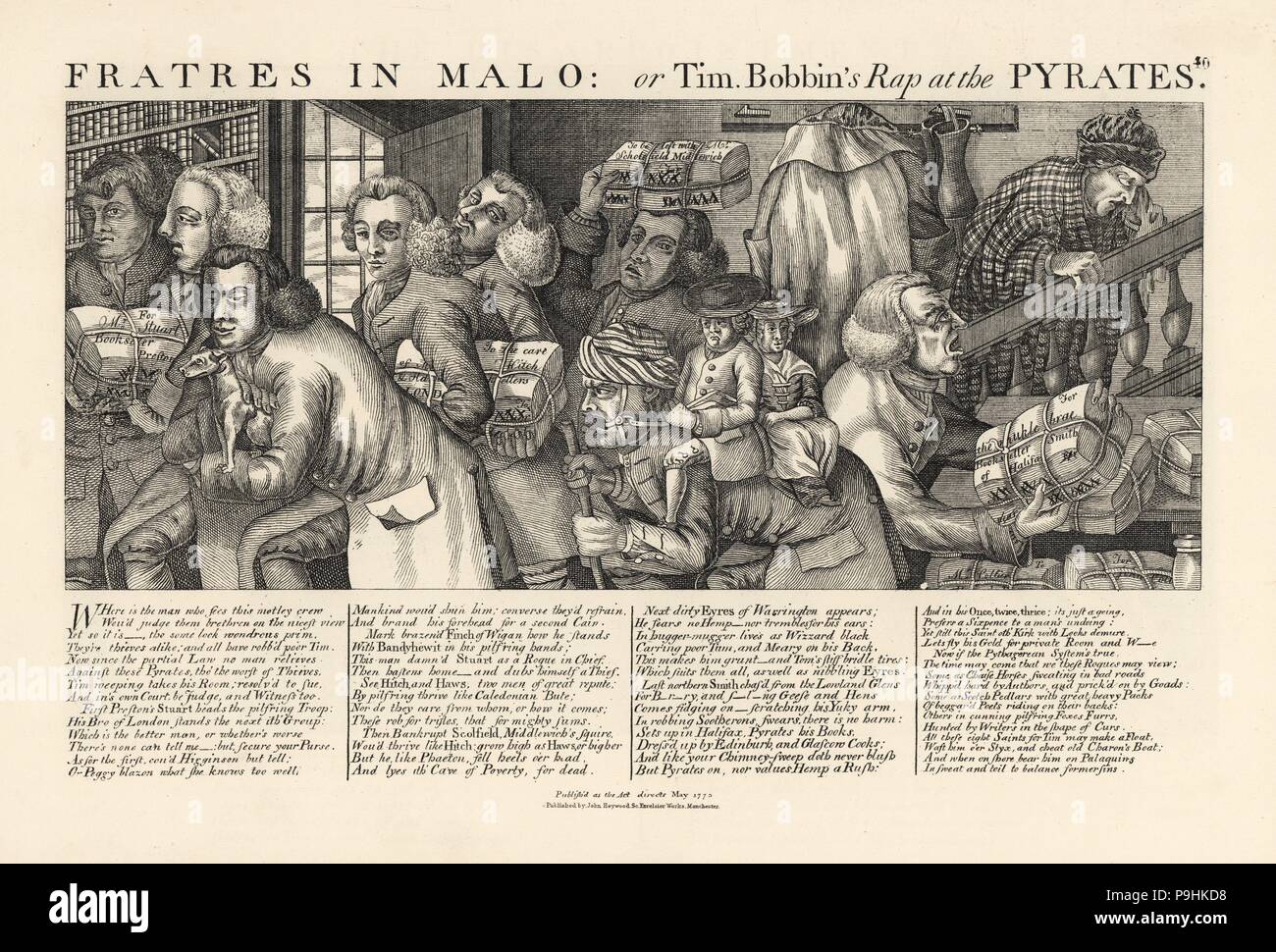 Fratres in Malo: or Tim Bobbin's Rap at the Pyrates. Gallery of rogues, thieves and cheats in the book trade of the north of England and Scotland. Copperplate engraving by Thomas Sanders after a satirical illustration by Timothy Bobbin (John Collier) from Human Passions Delineated, John Haywood, Manchester, 1773. Stock Photo