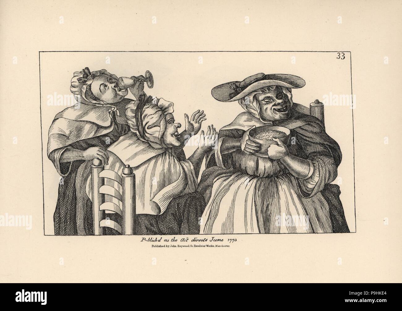 Three old women Kate, Nan and Bess drinking gin punch and flip in a